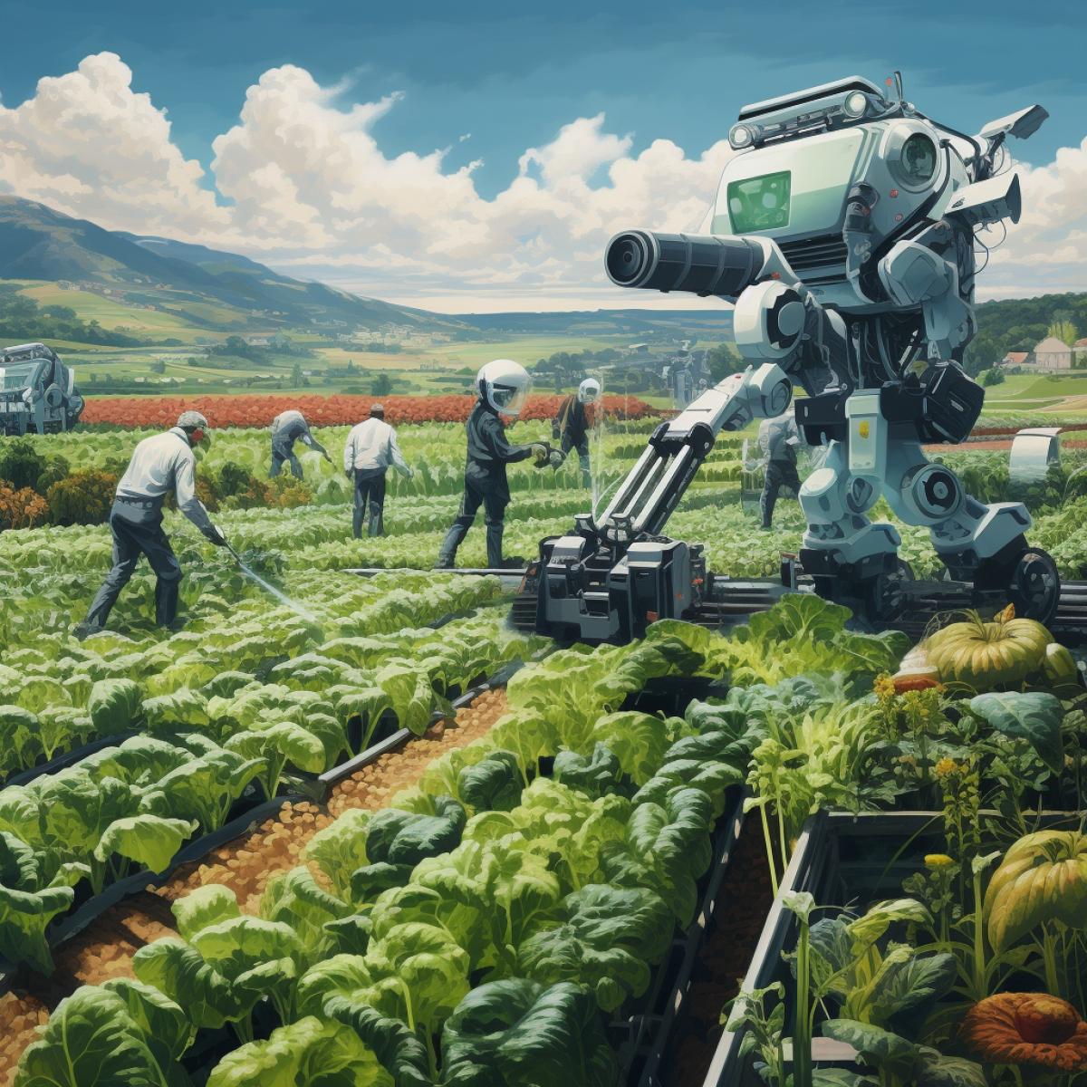 At a high-tech farm, robots tend to crops with utmost care. Plowing, planting, and harvesting, they work in harmony with nature. The fields of vegetables and fruits stretching to the horizon. A vision of robotic agriculture shaping the future.