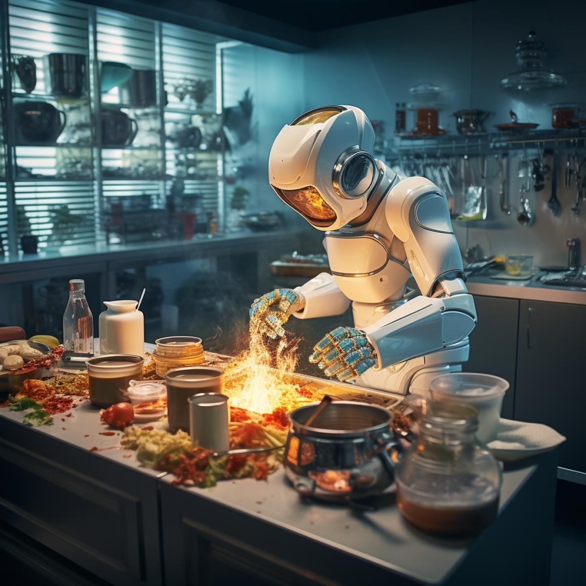 A robot chef expertly preparing a gourmet meal in a high-end restaurant. The robots culinary dirts are on full display as it creates intricate dishes. The fusion of technology and fine dining