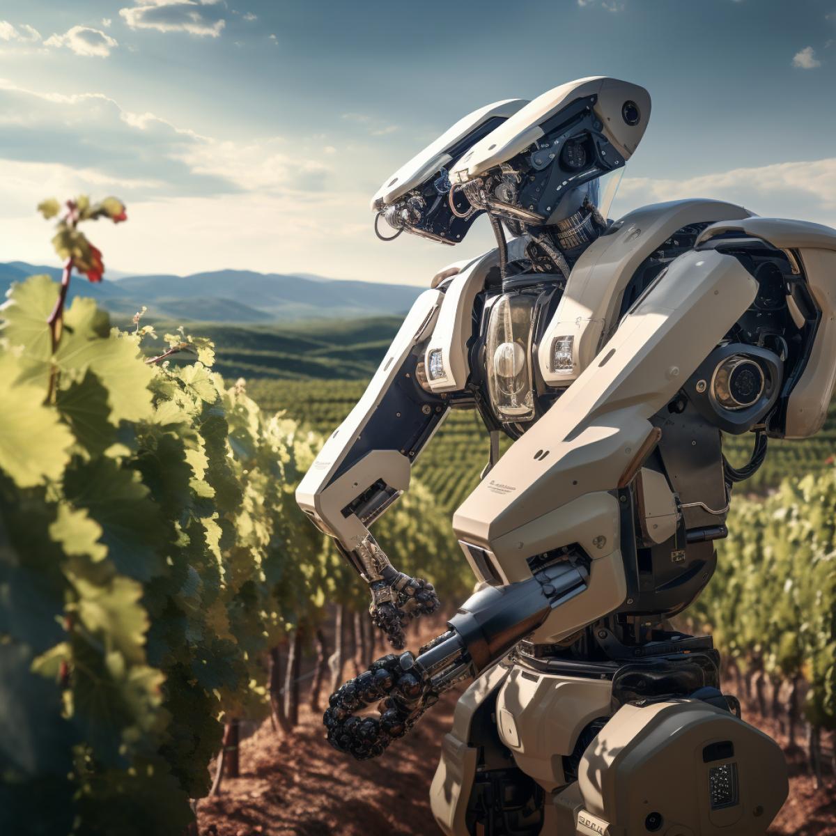 An agricultural robot tending to a vast vineyard, carefully pruning and harvesting grapes. The robots efficiency ensures a bountiful harvest. A seamless blend of technology and winemaking expertise