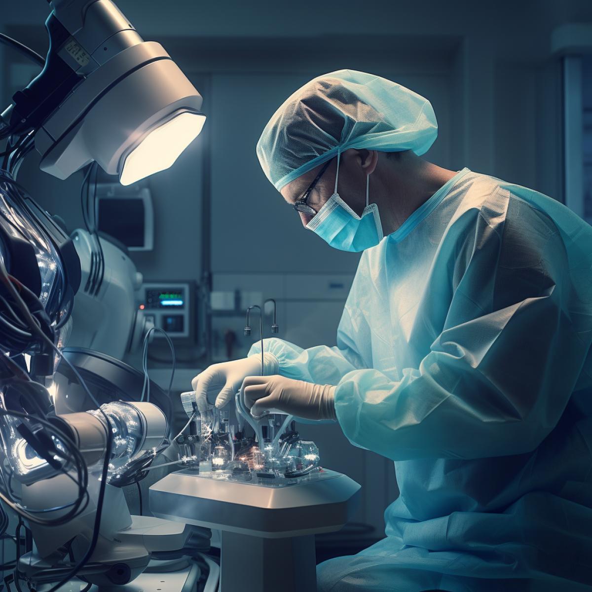 A robotic surgeon in an advanced operating room, performing a delicate procedure with precision. The sterile, high-tech environment contrasts with the robots lifelike dexterity. A life-saving blend of technology and medicine.