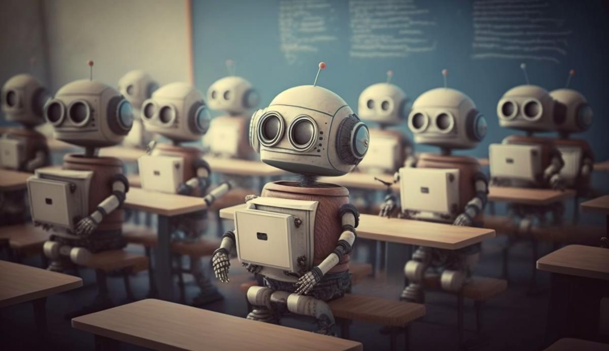 Robots are sitting in the classroom listening to a lecture on geography.