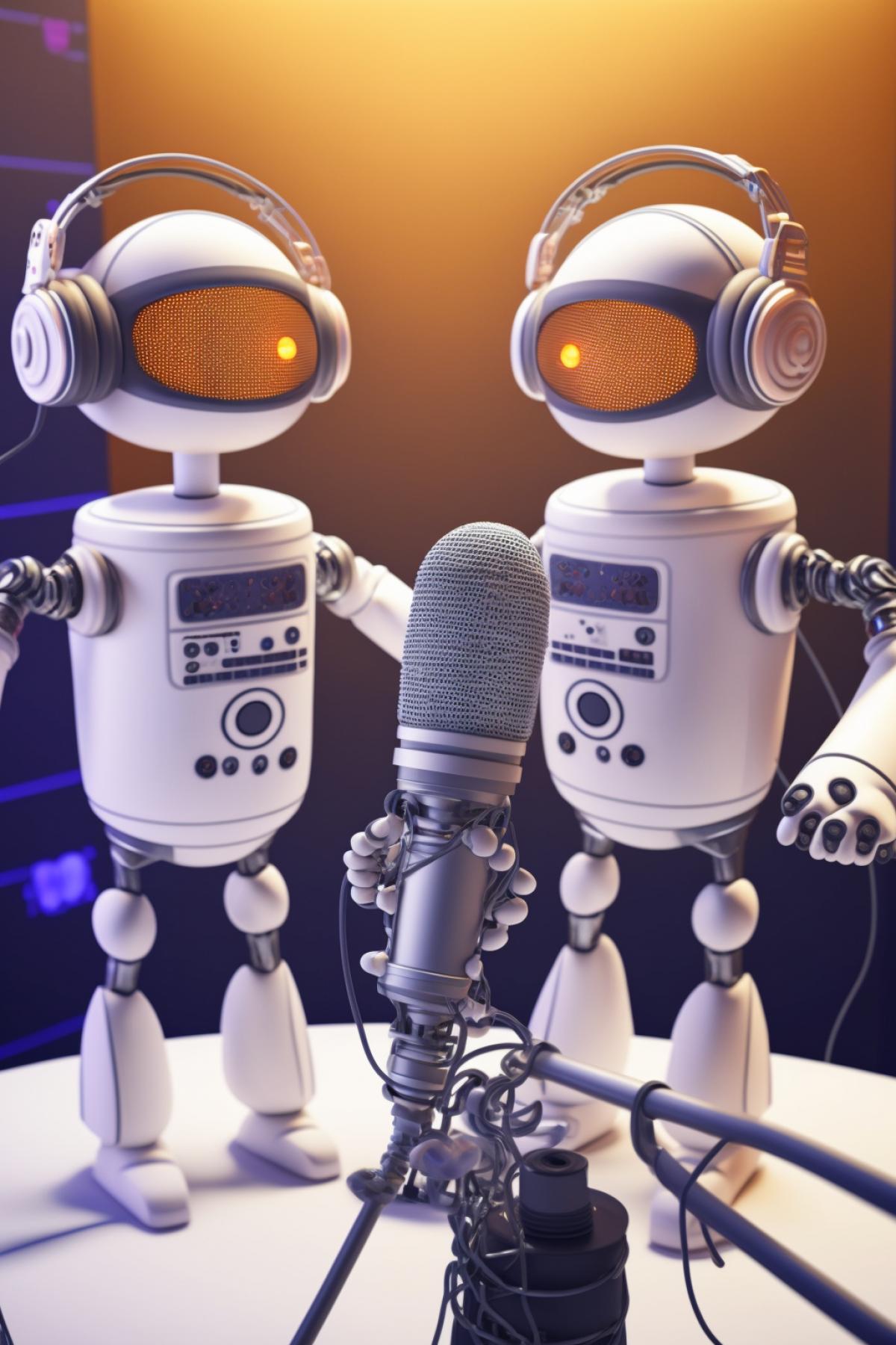 two robots in a recording studio at microphones are recording a radio play, in detail, photographically, 8 k