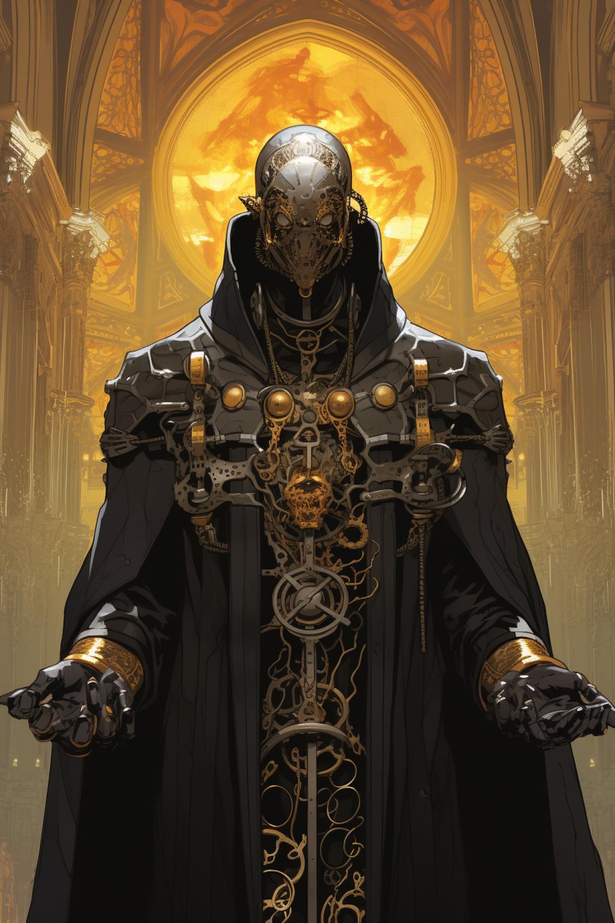 Robot in the form of a priest, located in a church, high detail, good quality, comic drawing