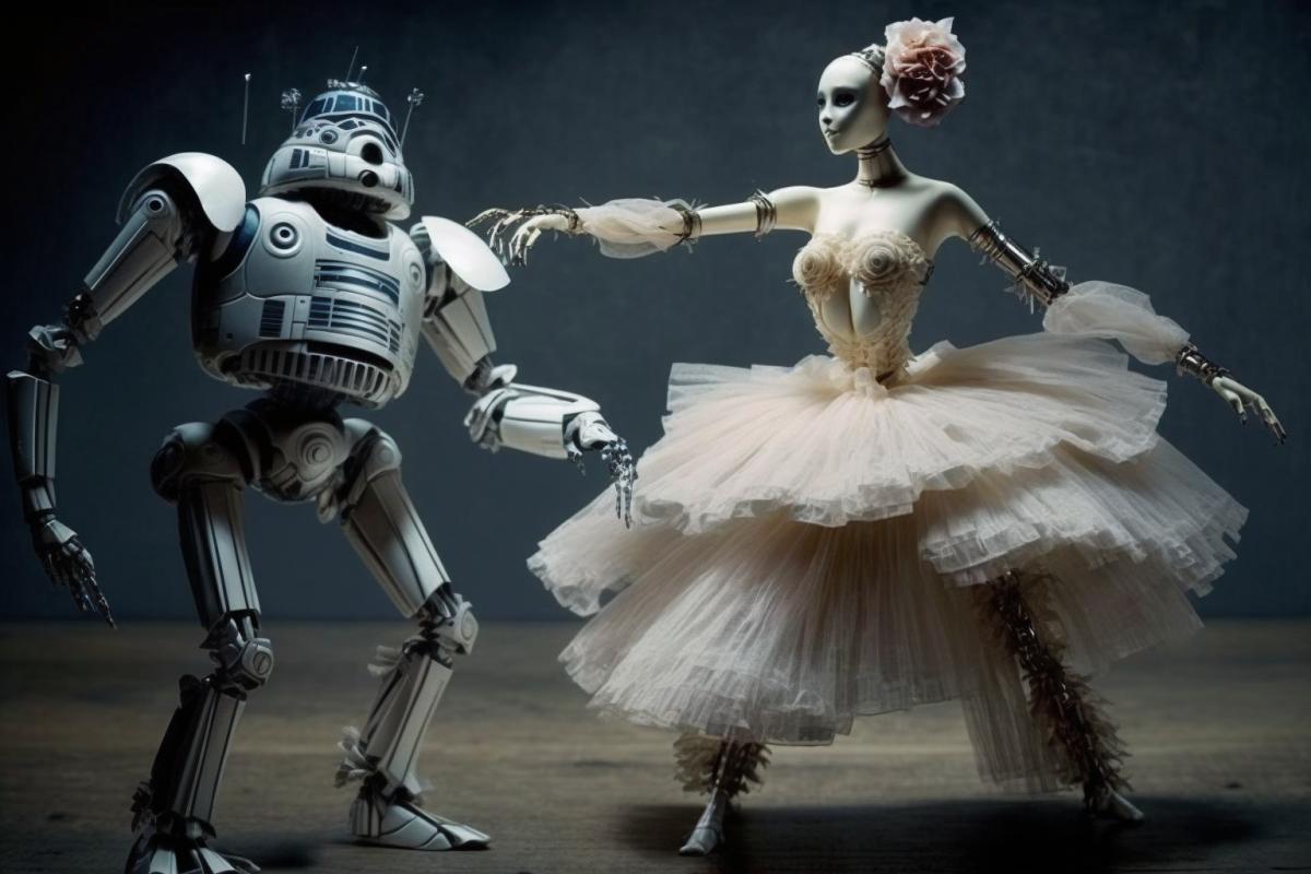 humanoid female robot wearing ballet dancers flesy- s and humanoid male robot wearing ballet dancers fluffy skirt dance ballet on the scene