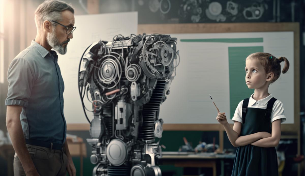 The teacher points with a pointer to the internal combustion engine standing on the stand, and the student robot listens attentively.
