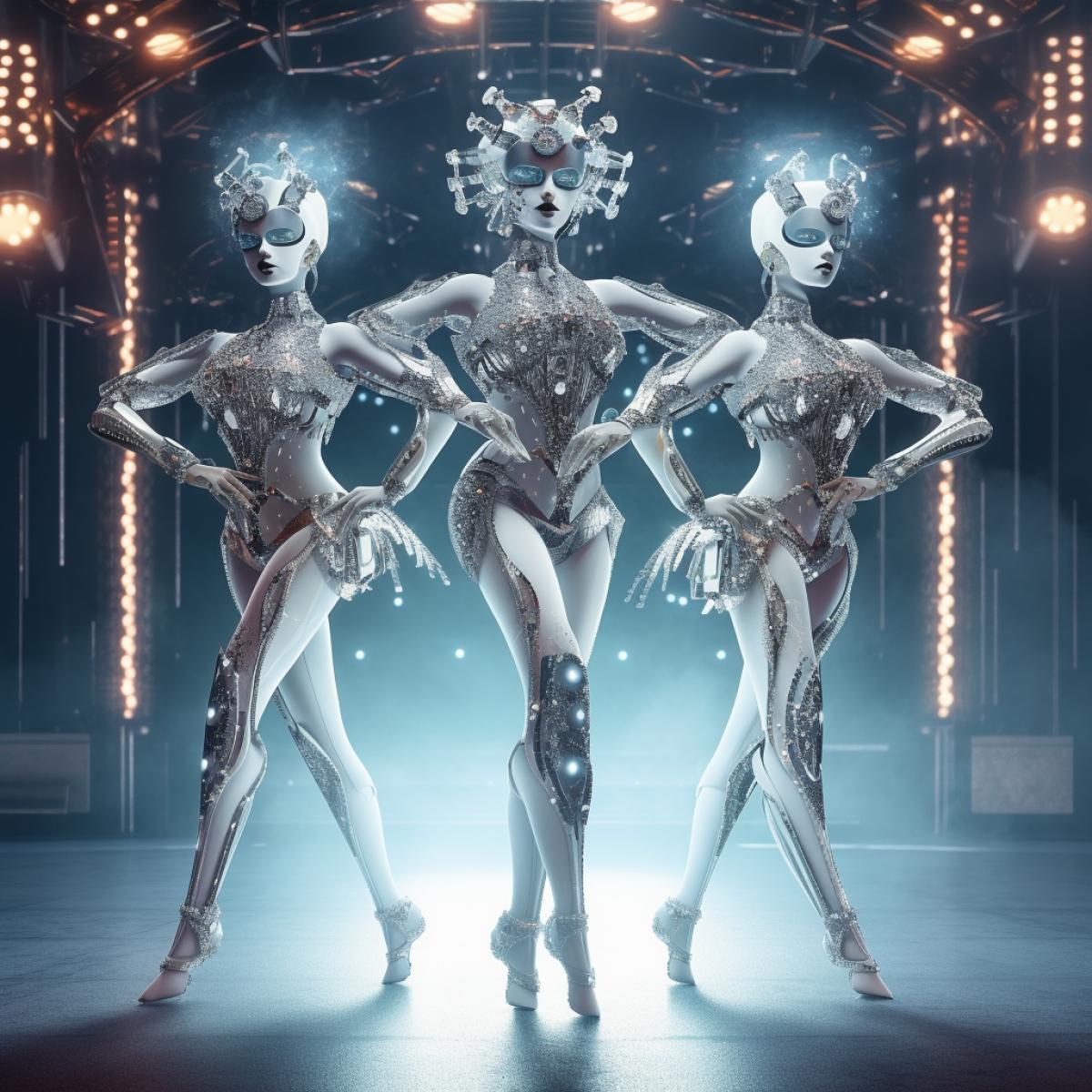 three luxury robot women dancing on stage, bar, rhinestones, feathers, spotlights