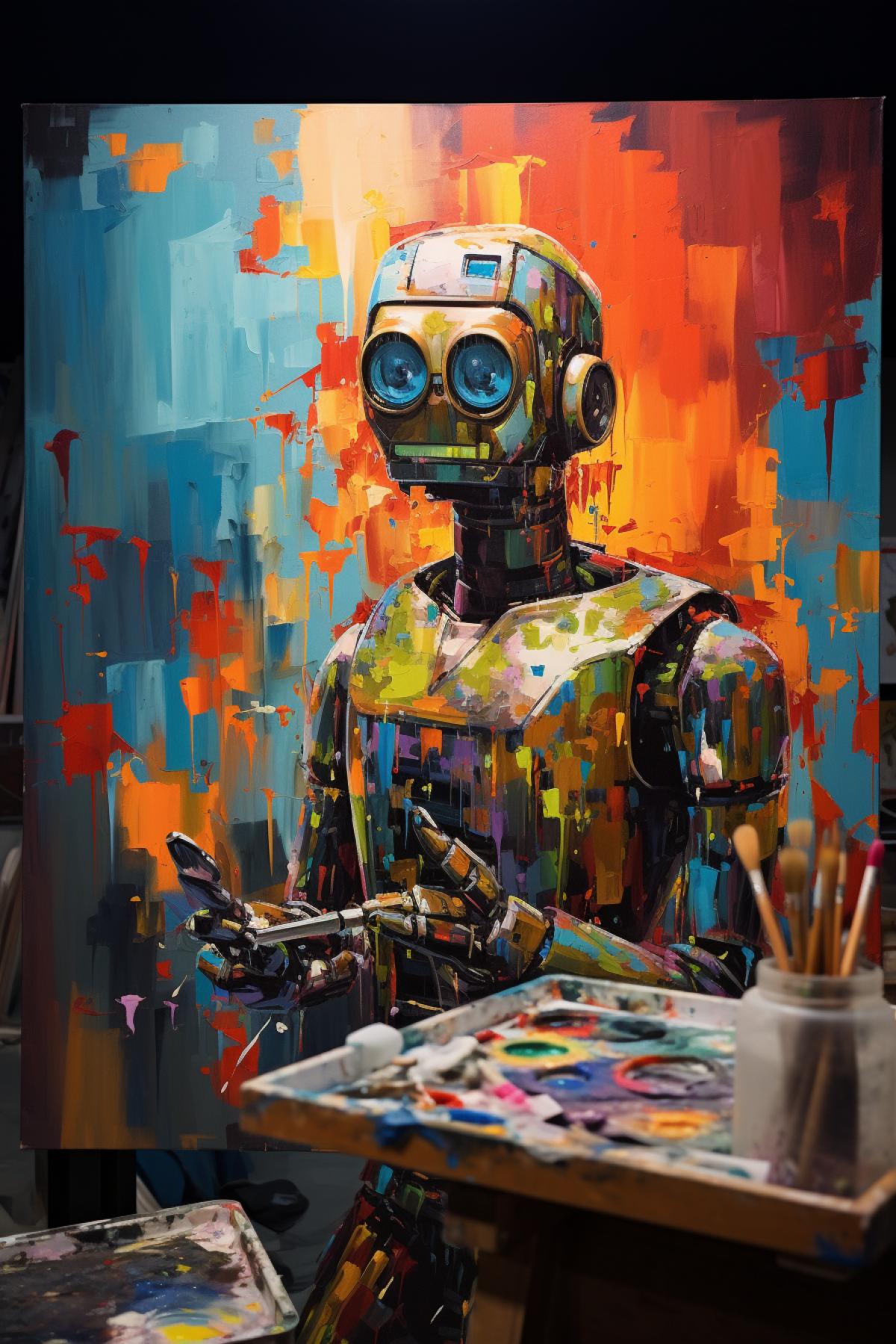A robot artist in a studio filled with canvases and colorful paints. It meticulously creates intricate paintings, showcasing a blend of artistic creativity and precise technology. A testament to the future of artistry