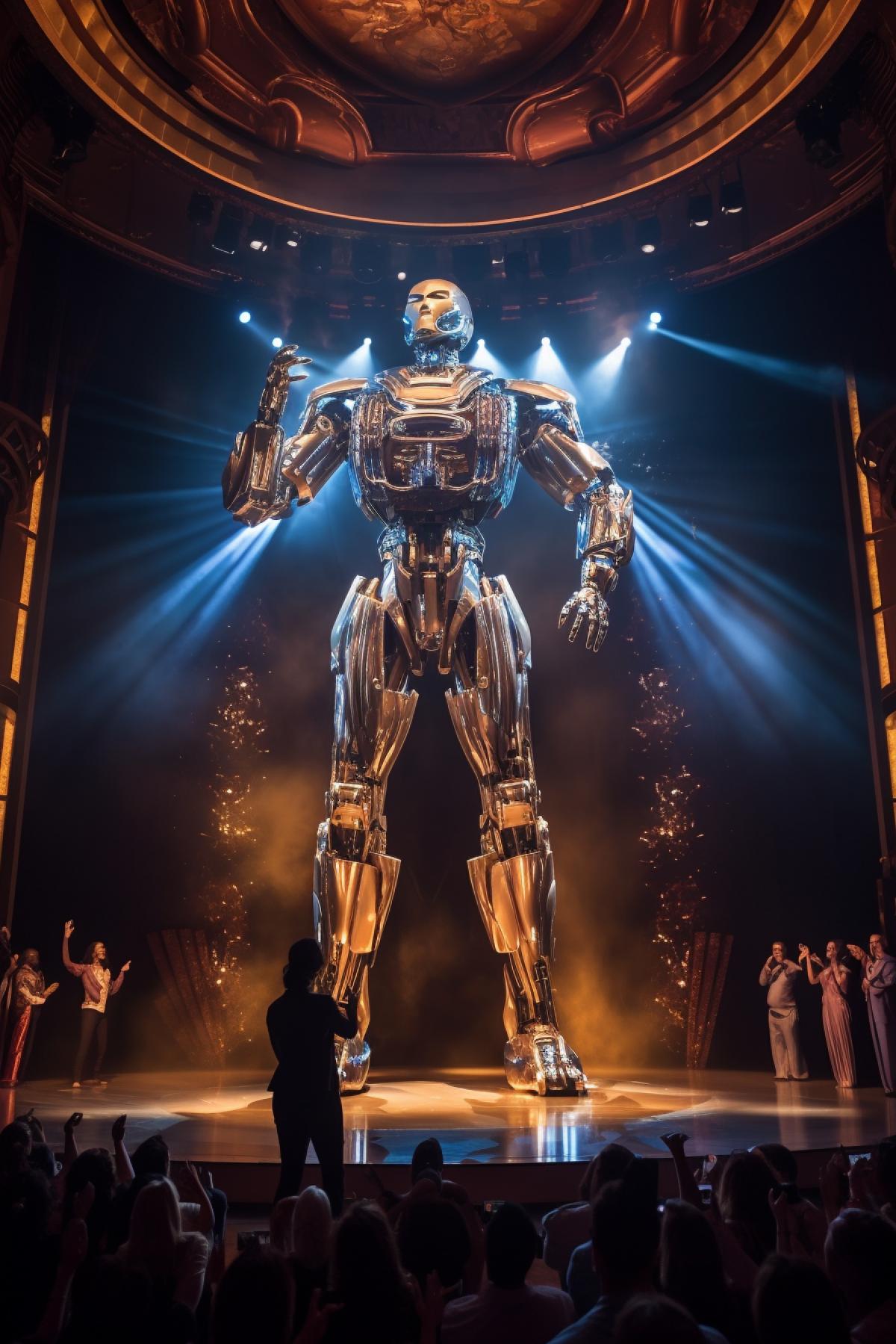 A robot singer performing center stage in a grand, opulent theater. Spotlights cast vivid, colorful beams on the stage, with the robots polished metallic body reflecting the brilliance. The robots expression conveys passion and emotion, captivating the audience. The theaters ornate architecture and extravagant decor create a sumptuous backdrop for the performance.