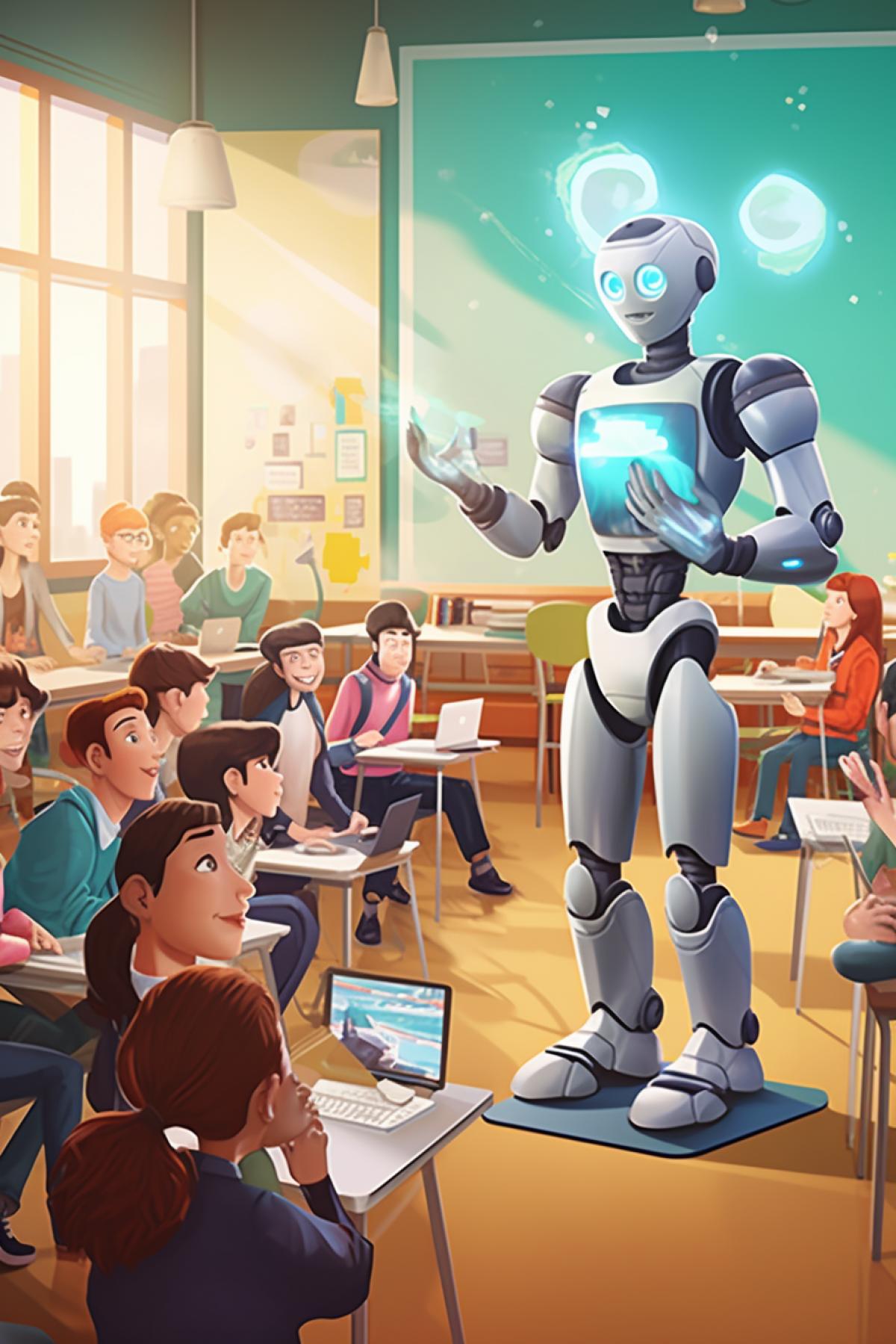 A robot teacher in a colorful, futuristic classroom, instructing a diverse group of eager students. Interactive screens and educational tools surround them. The robots kind expression and knowledge-sharing make learning engaging