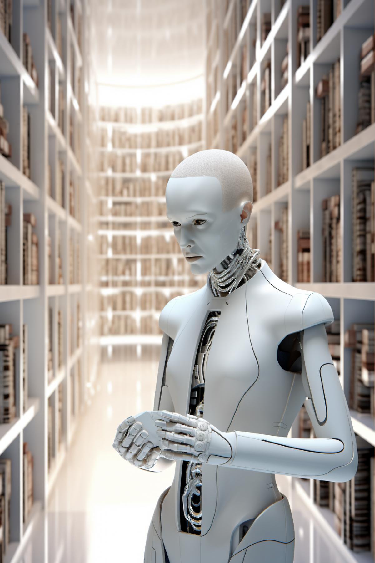 A robot librarian in a sleek, minimalist library of the future. The environment is a blend of white and chrome, with shelves of books neatly arranged. The robots metallic surface glints under soft, natural light, giving it an aura of knowledge. The scene is quiet, with an air of serenity and a futuristic touch
