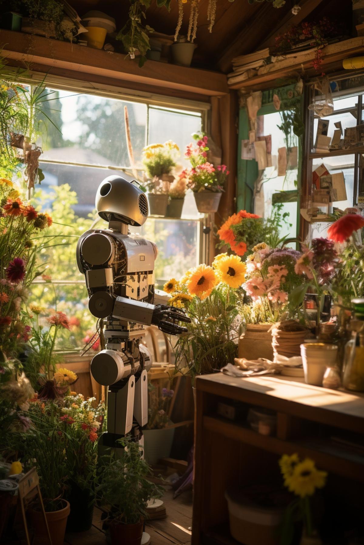 A robot florist in a charming, rustic flower shop. The setting exudes a cozy, countryside atmosphere with wooden shelves and a quaint storefront. The robot, with delicate precision, arranges vibrant bouquets of flowers. Soft, warm sunlight streams through the windows, highlighting the colors of the blooms. The robots expression is gentle and focused, radiating an appreciation for natures beauty. The scent of fresh flowers fills the air, and you can almost feel the textures of the petals. A blend of tradition and technology in a tranquil, idyllic setting.