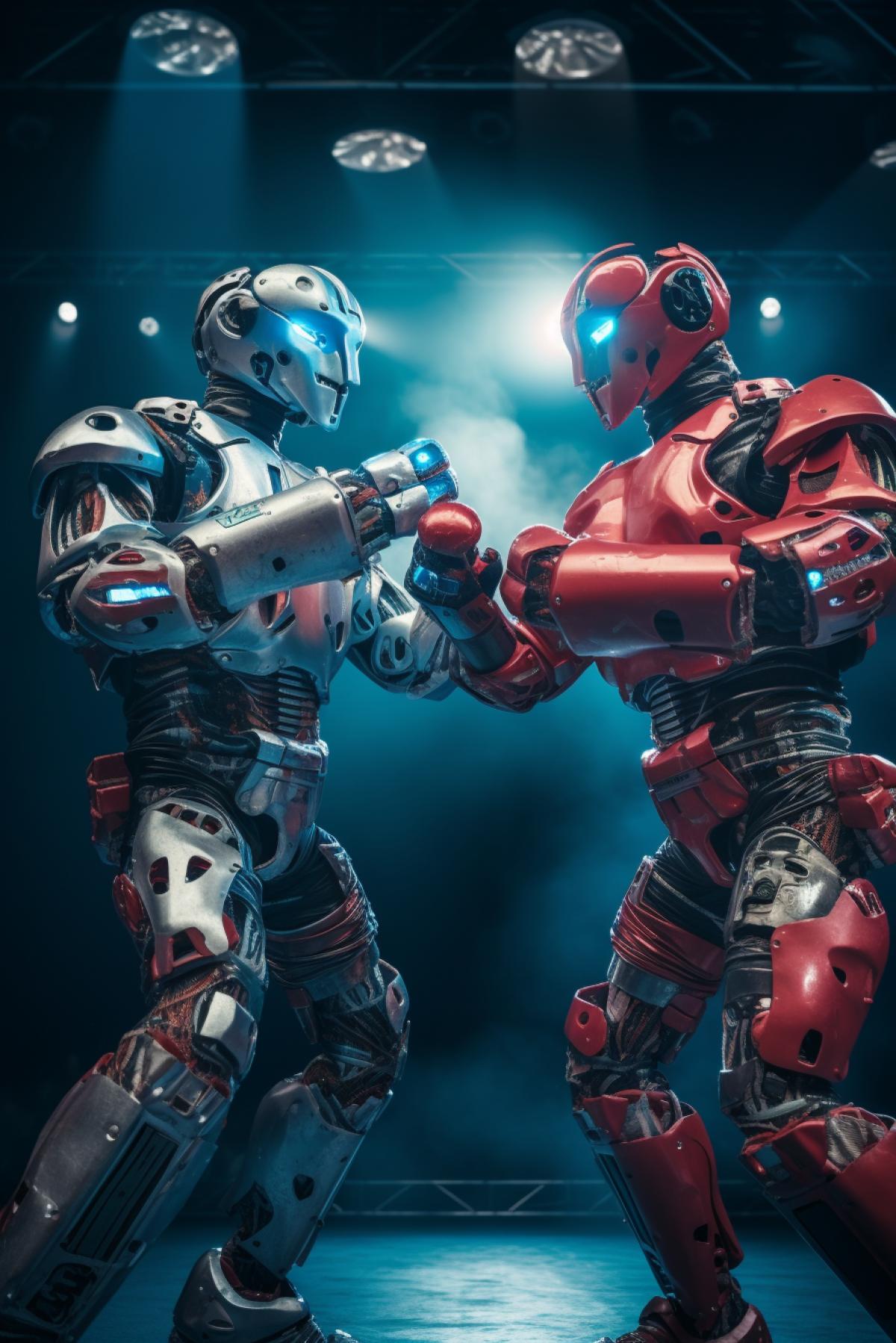 Two athletic robot boxers in the ring fighting, dynamic 4ks, stage lighting, sports show