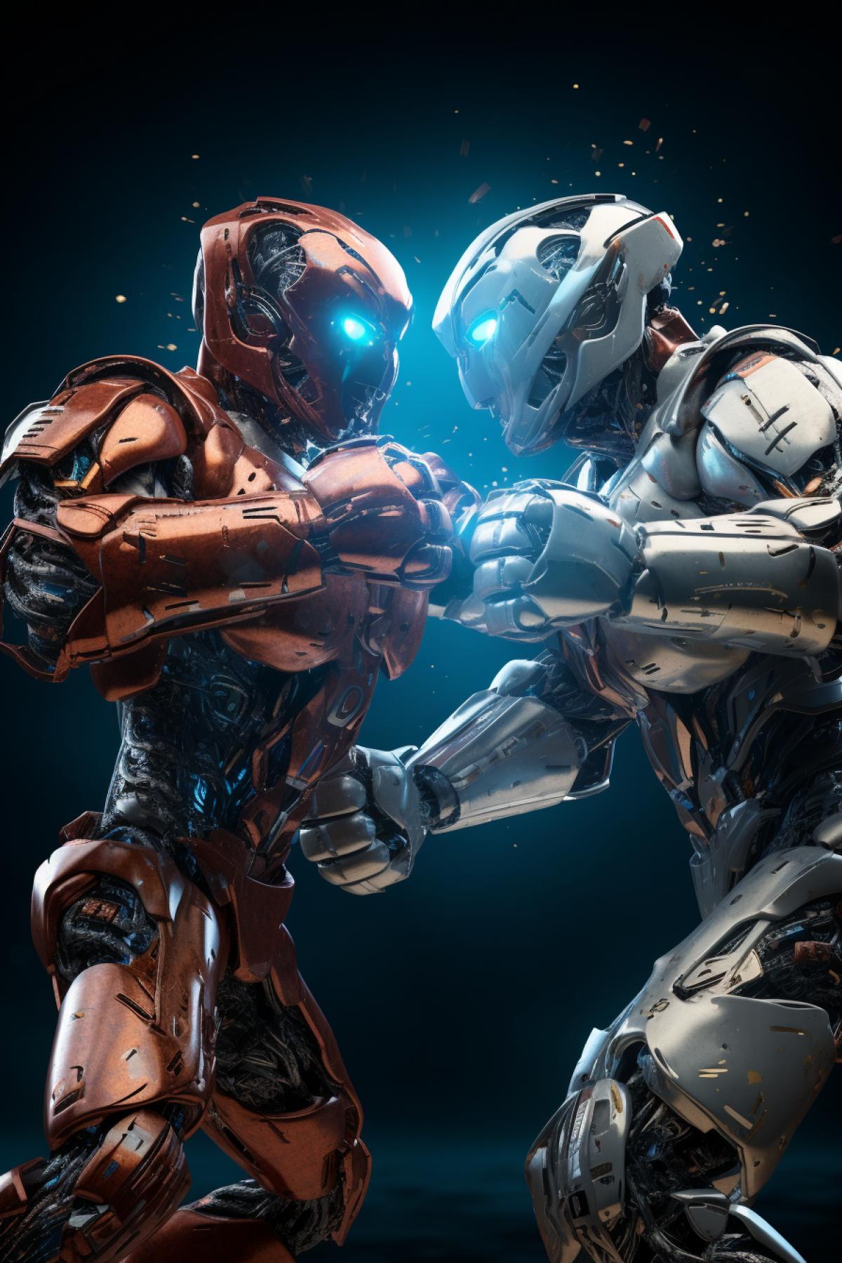 Two athletic robot boxers in the ring fighting, dynamic 4ks, stage lighting, sports show