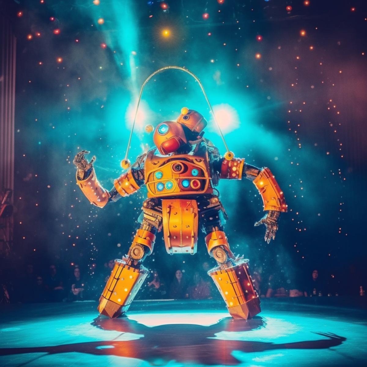 robot performs with dwarfs in the circus, acrobats, bright saturated colors, glitter. spotlights, photography