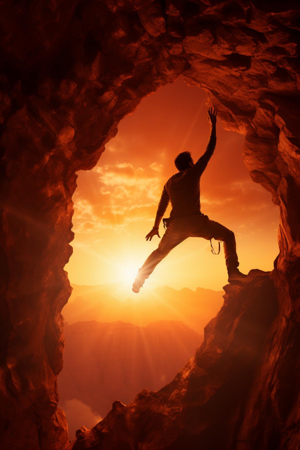 A solo rock climber suspended mid-air on a massive natural arch. The daring climbers silhouette is stark against the fiery hues of a desert sunset. The rocks texture and grooves are visible, and the climbers determined and fearless demeanor is captivating.