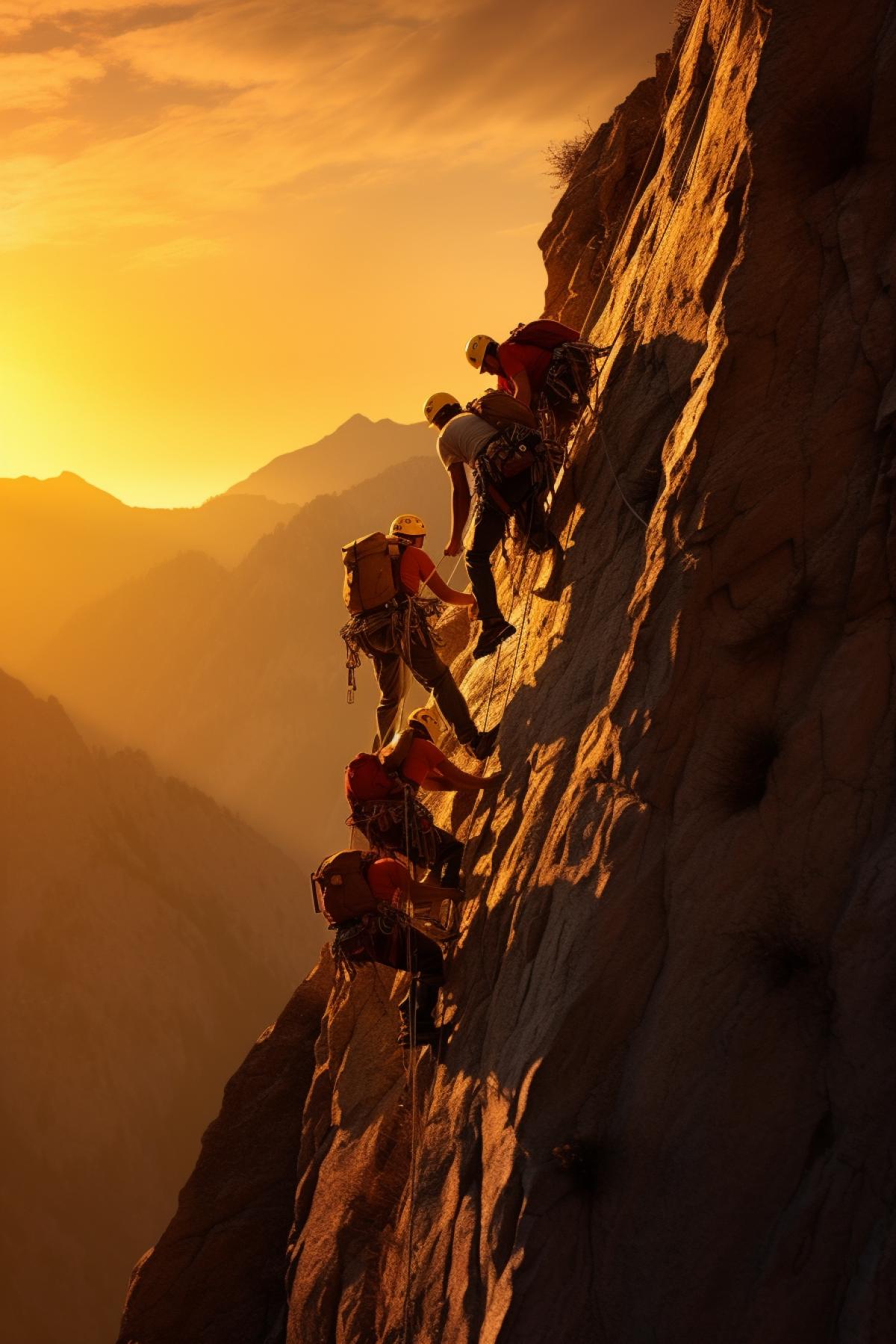 A group of rock climbers on the face of a towering cliff. The sun sets behind them, casting a warm, golden glow on the rugged rock. Climbers in brightly colored gear scale the challenging surface, their determined expressions showing the thrill of the ascent.