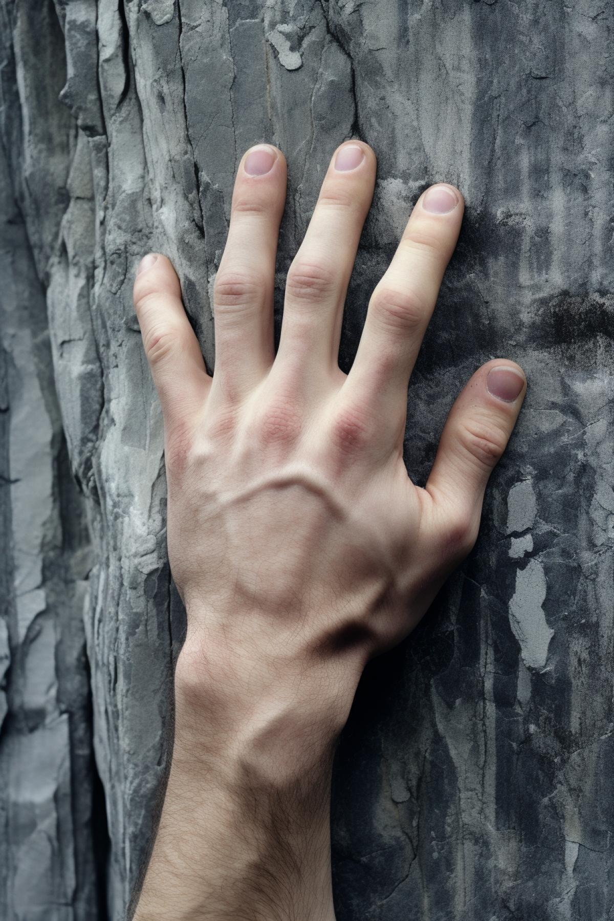 A close-up view of a climbers hands gripping the edge of a challenging overhang. The determination in their strained muscles and chalk-covered fingers is palpable. Below, a deep crevasse and distant mountains create a sense of adventure and adrenaline.