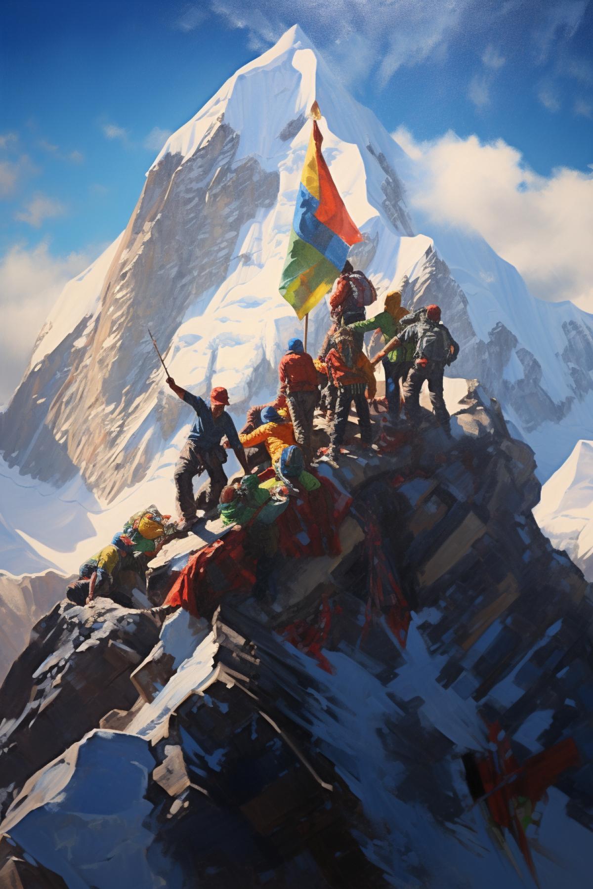 A birds eye view of a rocky mountain peak with climbers celebrating their triumphant ascent. The distant landscape stretches to the horizon, giving a sense of the grandeur of their achievement. The climbers colorful clothing and flags add a touch of festivity to the rugged, remote setting.