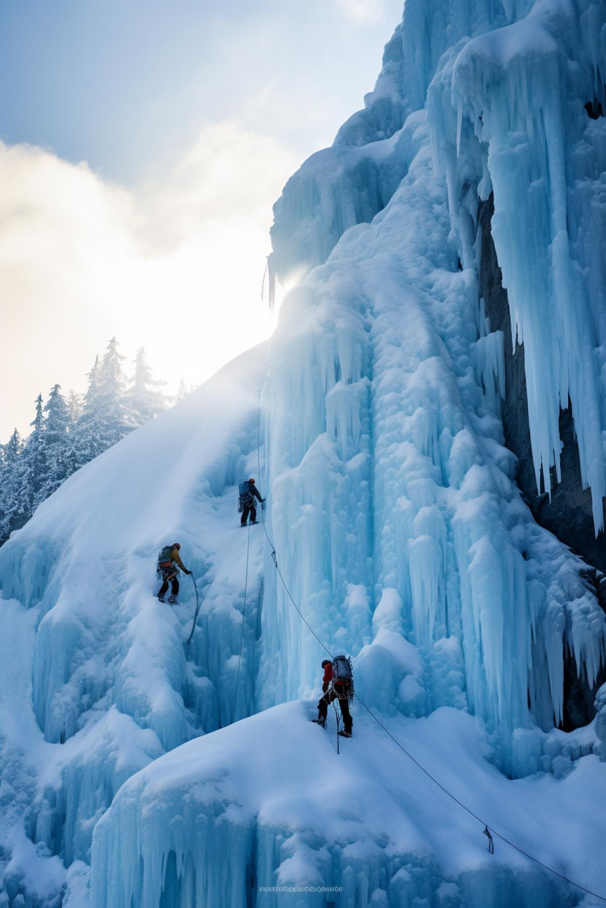 A team of climbers ascending a colossal frozen waterfall. The ice shimmers with an otherworldly blue hue, and the climbers tools glint in the cold, crisp air. Their ascent is a testament to human determination in the face of natures frozen beauty.