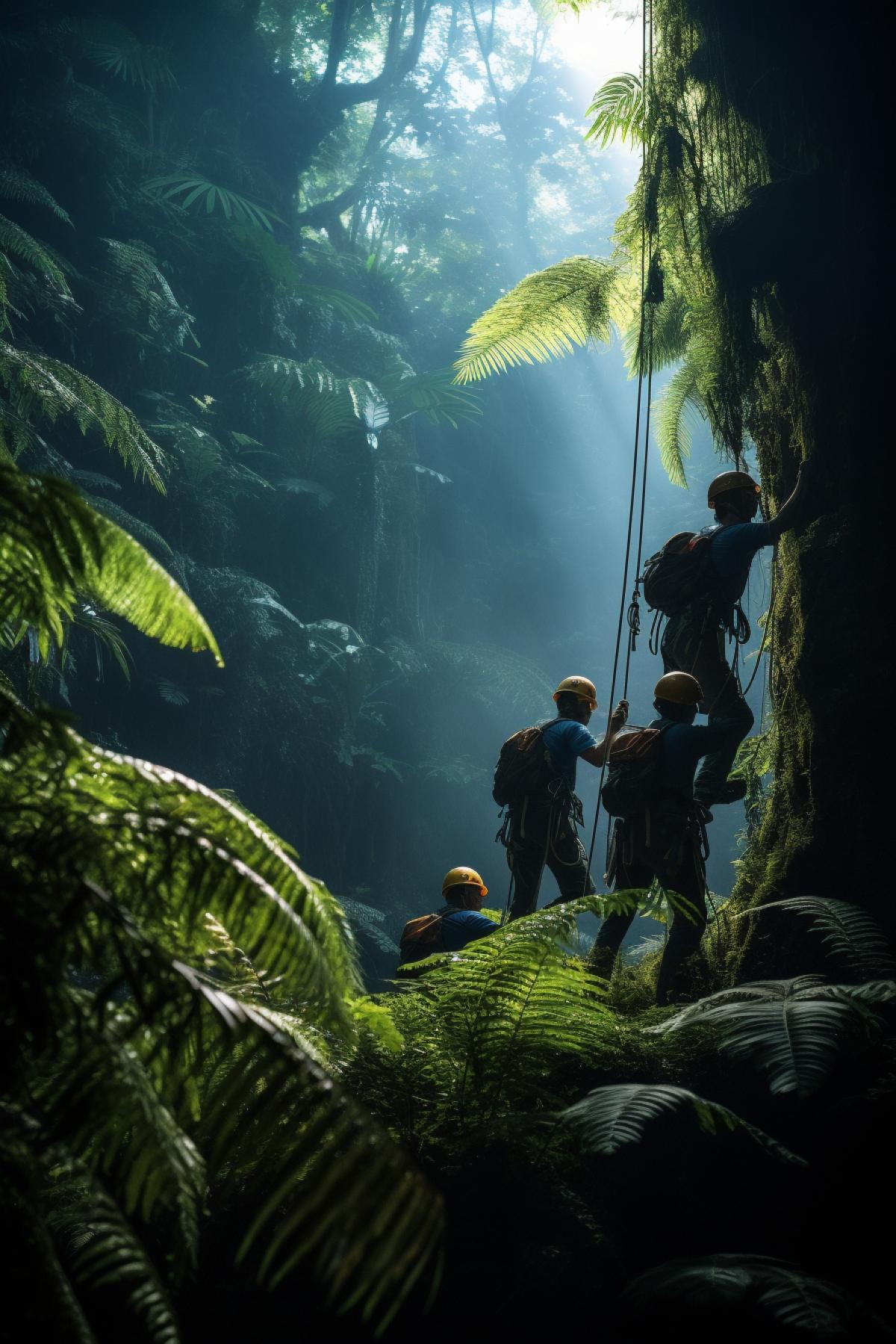 A group of climbers scaling a rock wall in the heart of a lush, tropical jungle. The vibrant greenery envelops them as they navigate dense foliage to reach the summit. The atmosphere is humid, teeming with life, and the climbers are like modern explorers.