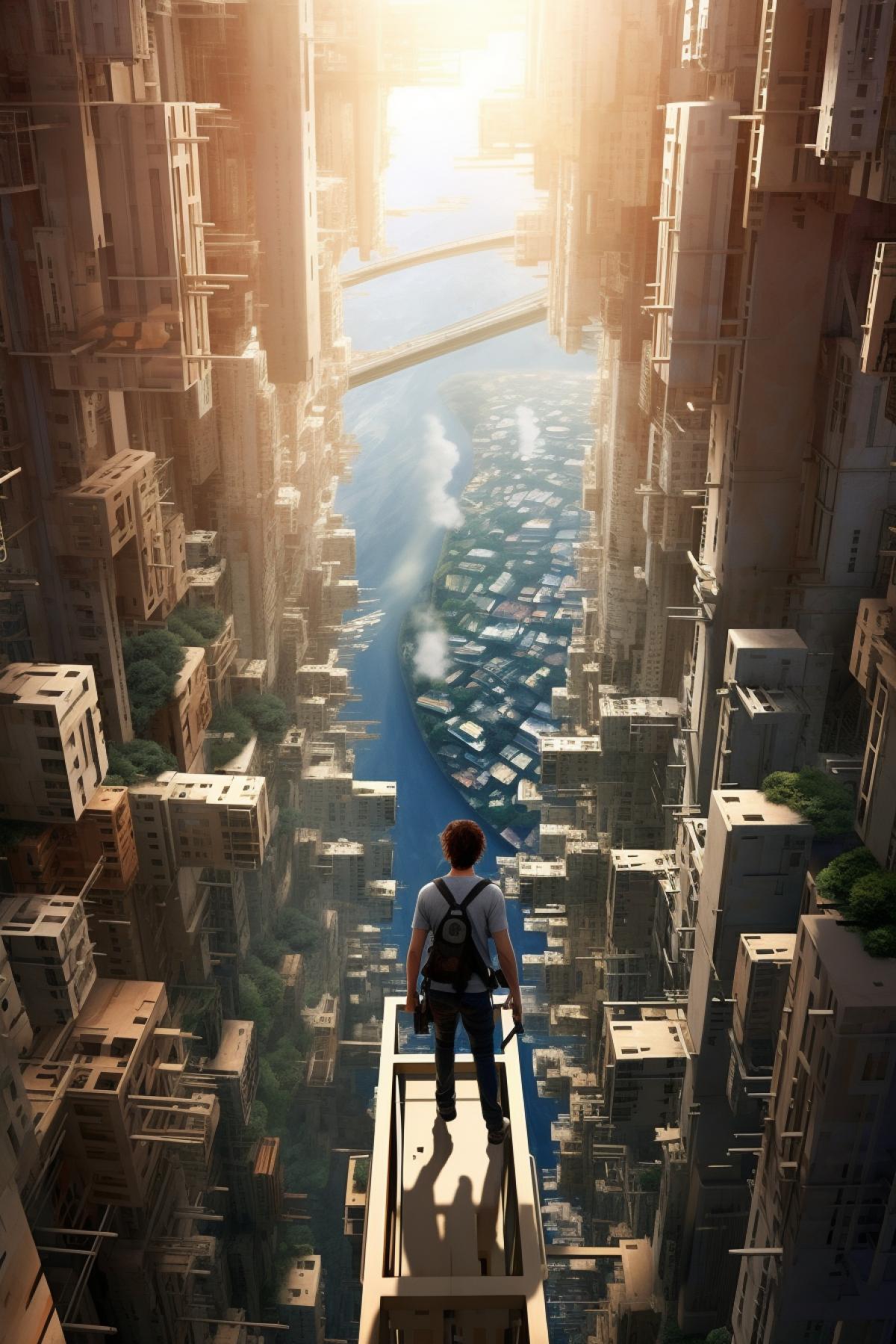 A futuristic world where climbers ascend gravity-defying, levitating rocks in a floating cityscape. The citys architecture defies the laws of physics, and climbers wear sleek, high-tech suits. Their ascent is a daring feat in a realm where the boundaries of possibility are constantly pushed.