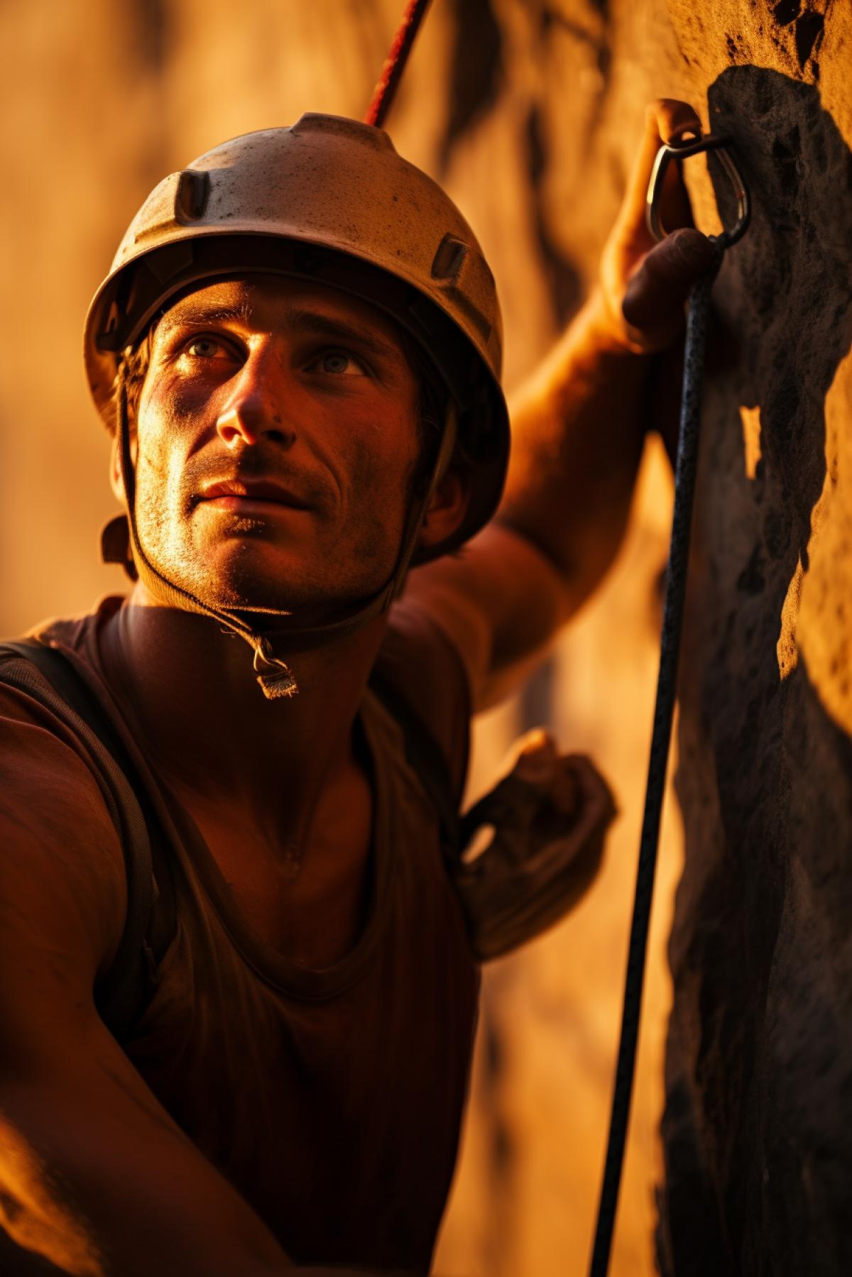 A close-up of a lone climber, their face illuminated by the setting sun. Sweat glistens on their determined brow as they reach for the next hold. Their eyes reflect a mix of exhilaration and fear, capturing the raw intensity of the climb. Every muscle in their body tenses with the effort, and you can almost feel the adrenaline coursing through their veins.