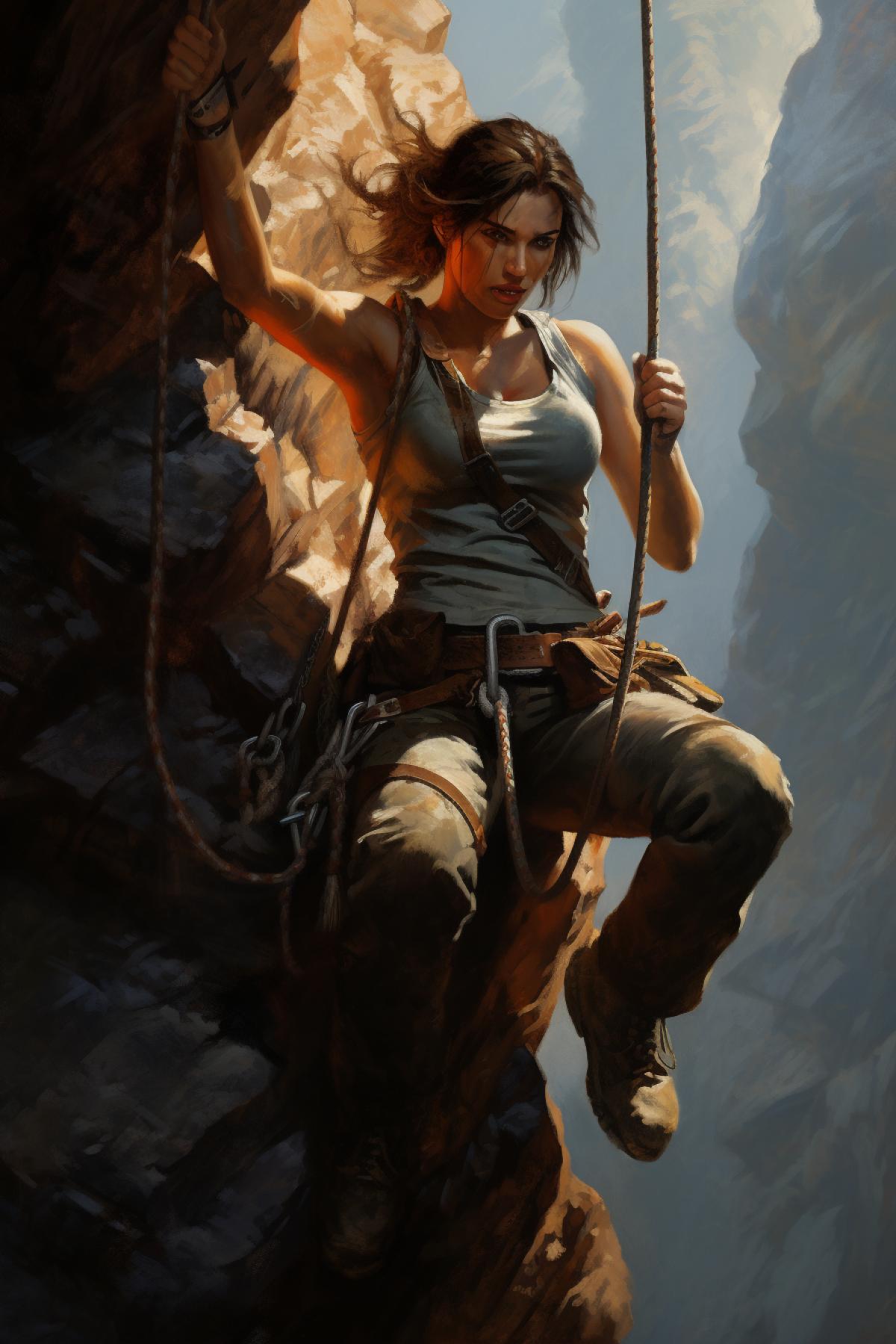 Lara Croft, rock climbing, climbing a mountain on a rope, high quality, good detail