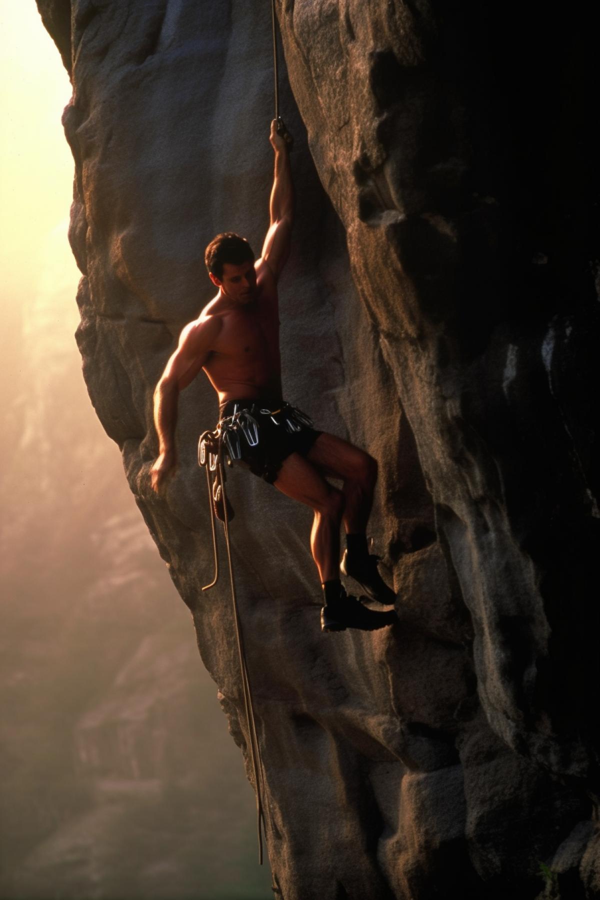 A scene from the movie Cliffhanger where a man hangs from a rock holding on with one hand, evening lighting, deep shadows, soft natural palette, cinematic filter