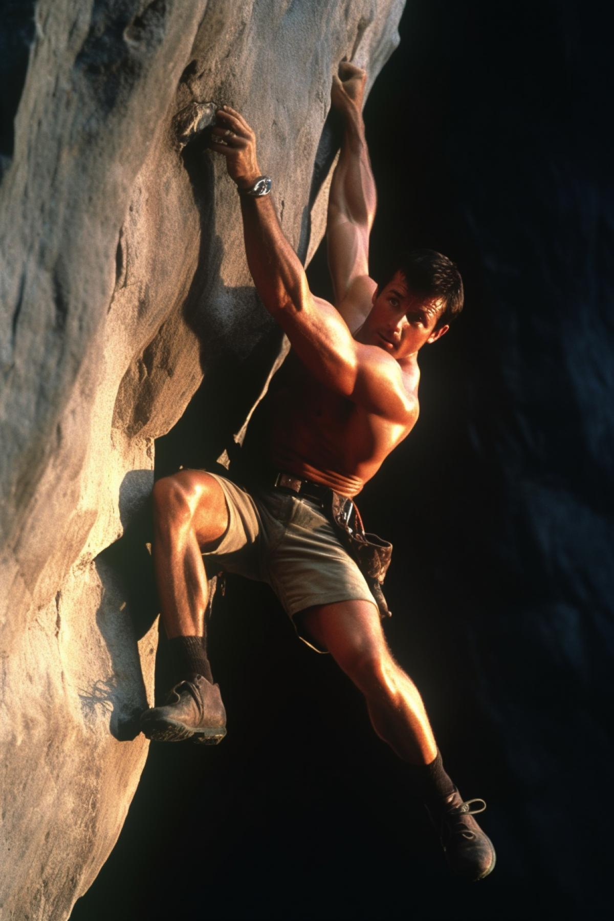 A scene from the movie Cliffhanger where Sylvester Stallone hangs from a rock holding on with one hand, evening lighting, deep shadows, soft natural palette, cinematic filter