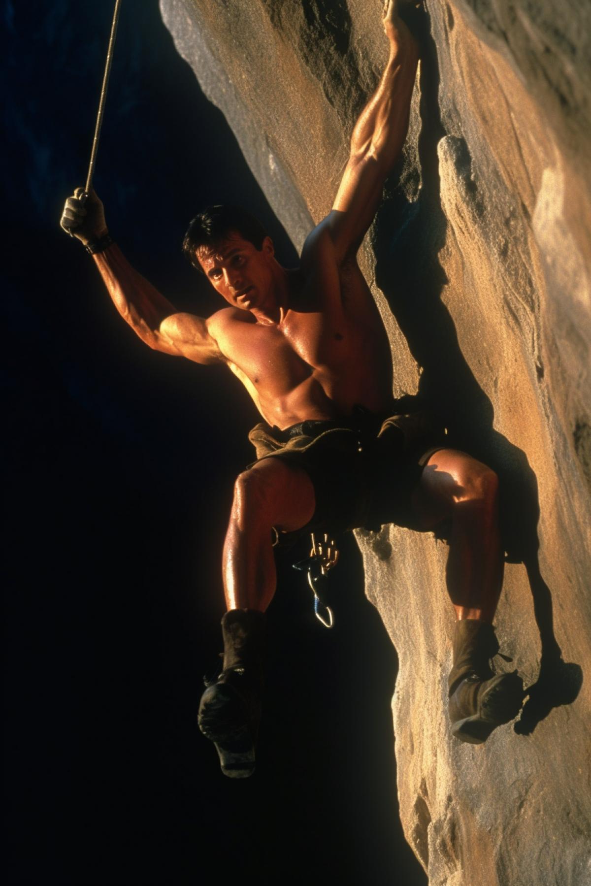 A scene from the movie Cliffhanger where Sylvester Stallone hangs from a rock holding on with one hand, evening lighting, deep shadows, soft natural palette, cinematic filter