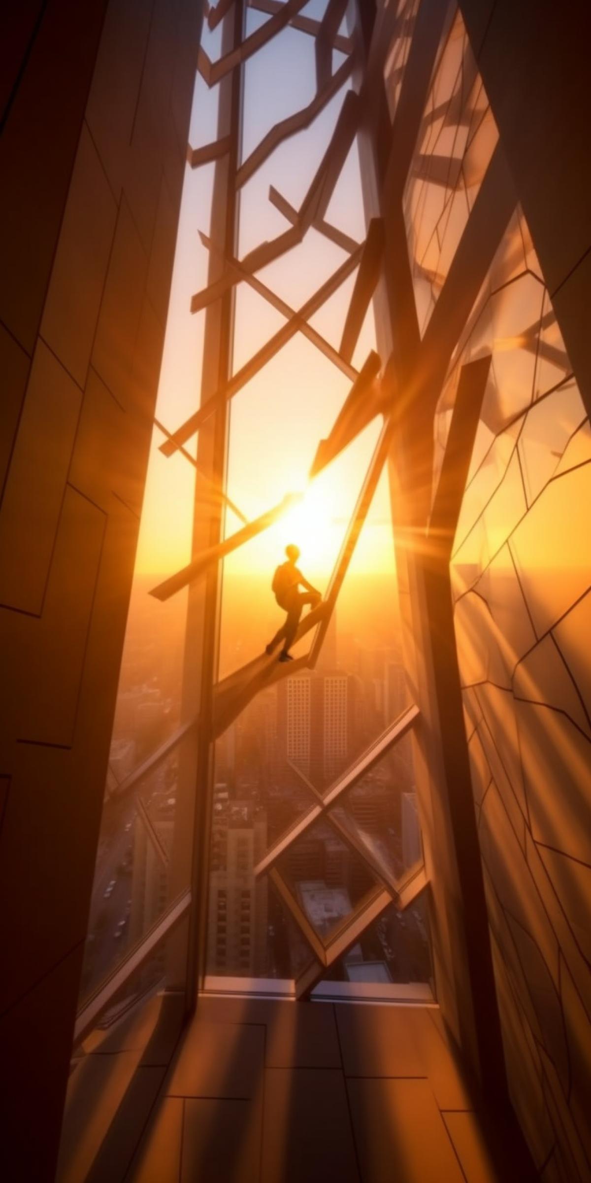 a climber ascends a skyscraper in Moscow-city, dawn, sun rays reflect in windows
