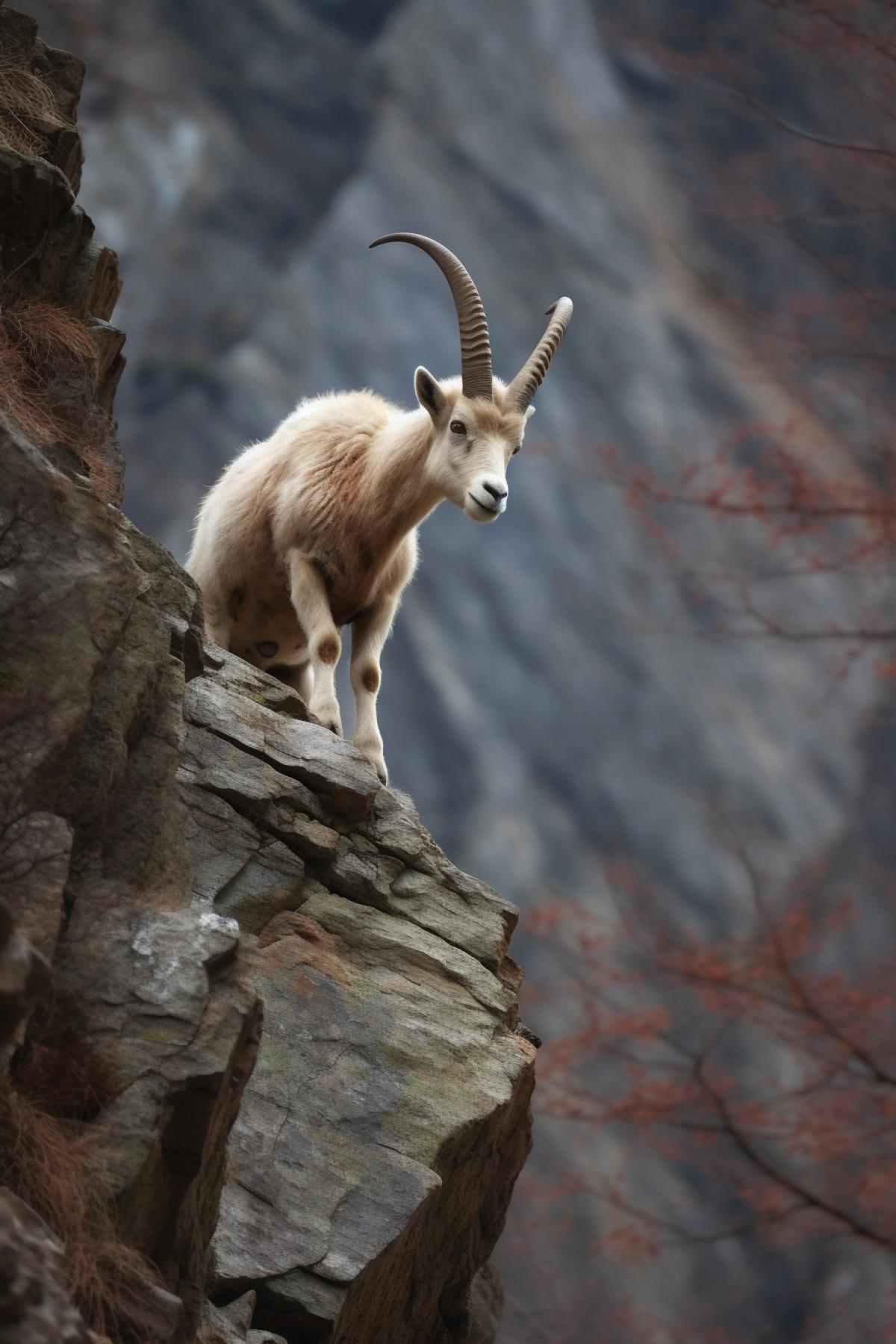 A mountain goat on a steep rocky wall, an incredibly beautiful photo taken by a naturalist