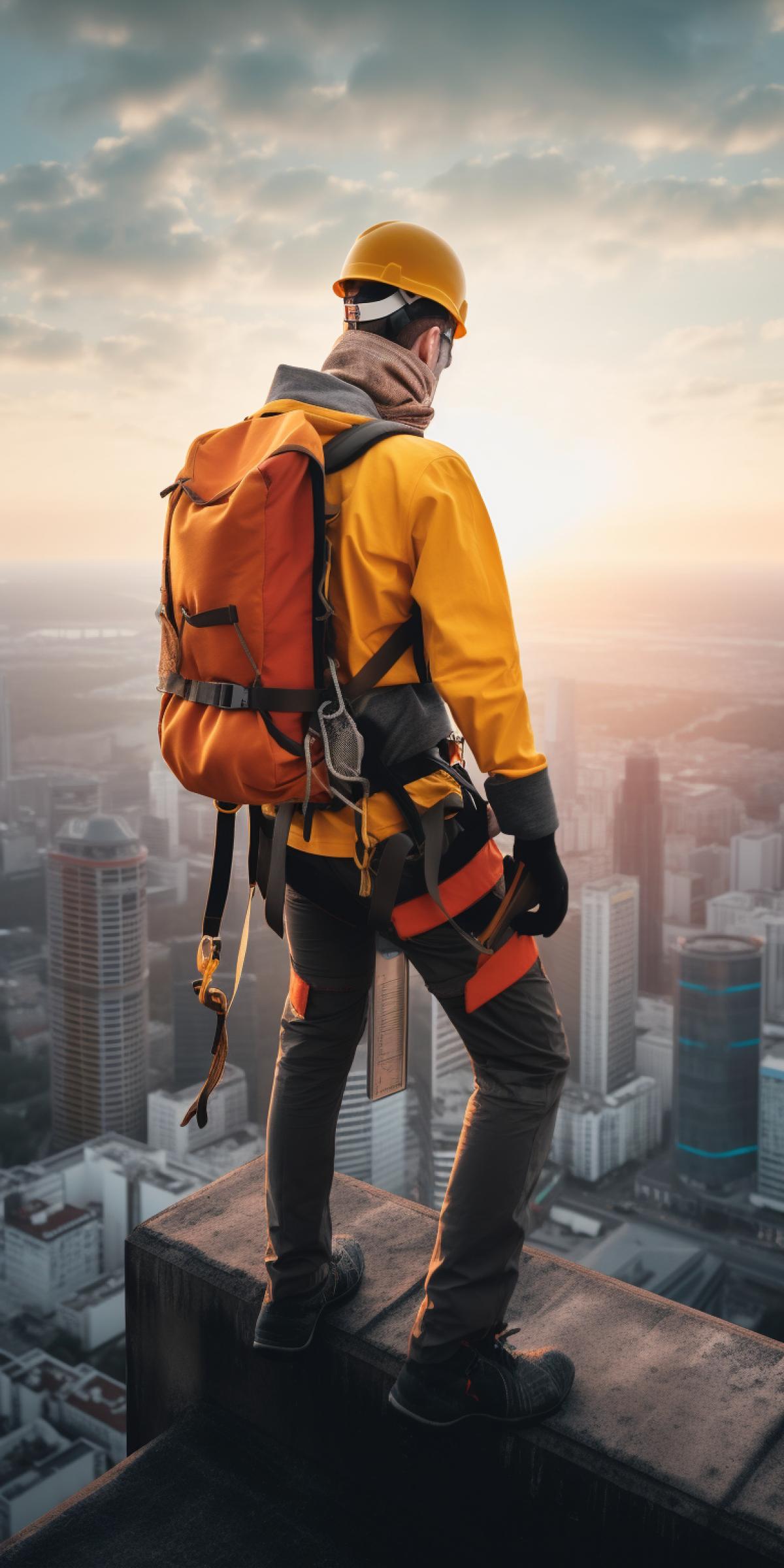 a climber wearing full mountaineer equipment ascends a skyscraper in Moscow-city, dawn, sun rays reflect in windows