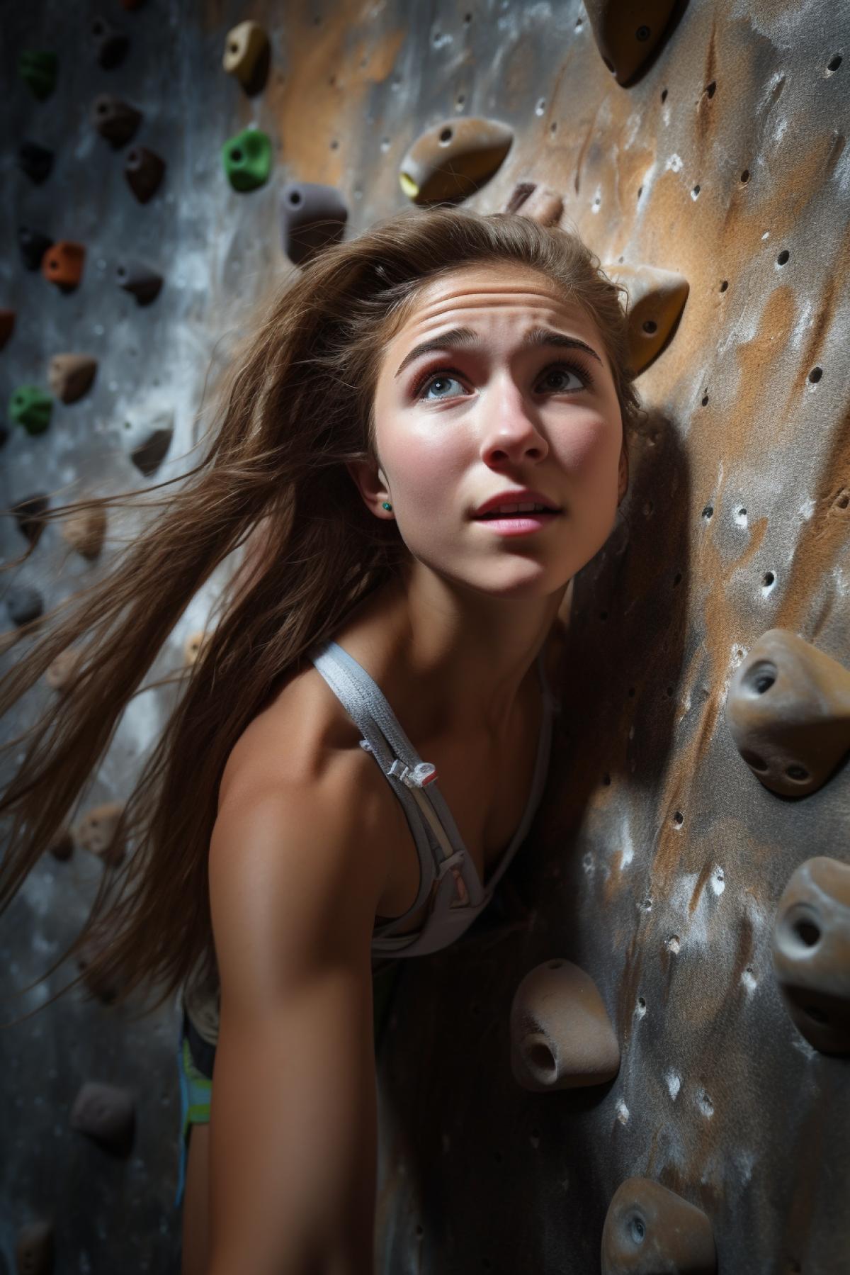 a teenage girl conquers a training climbing wall, her face expresses tenacity, tension and determination, view from above