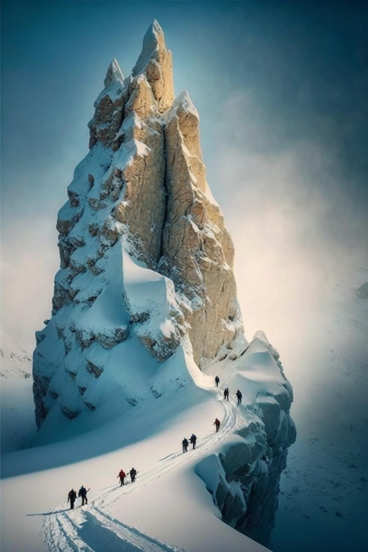 climbers climb to the top of a rock, snow, photo::2