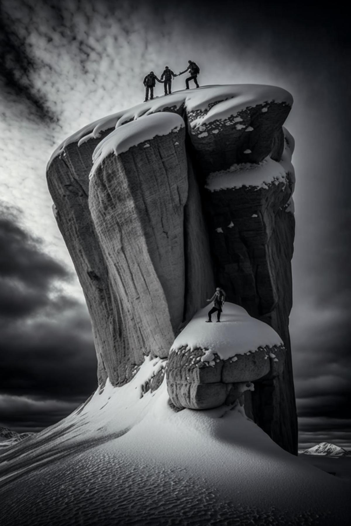 climbers climb to the top of a rock, snow, photo::2