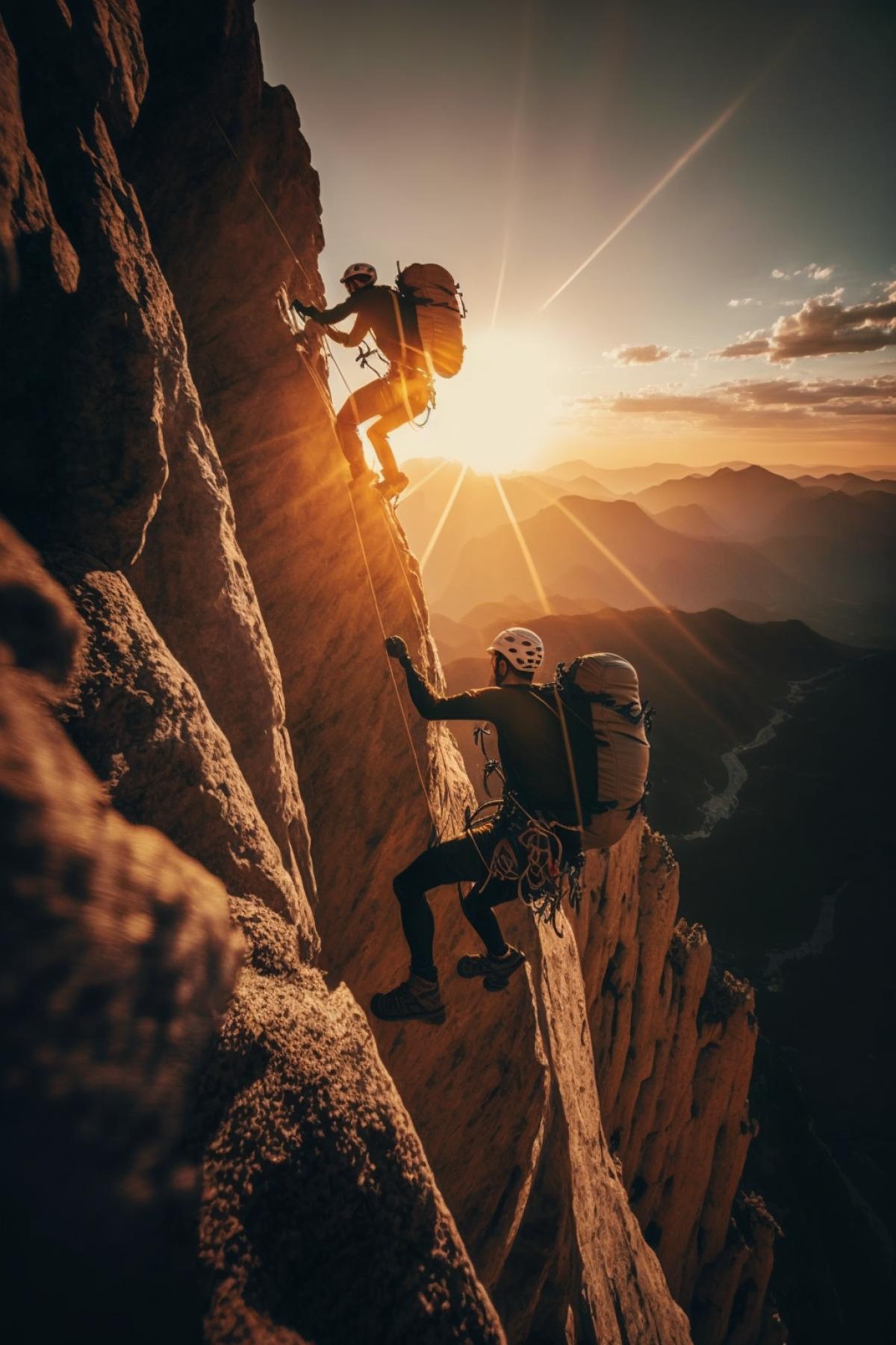 a very dangerous climbers ascent along a steep cliff against the backdrop of sunset, professional photo from a quadcopter