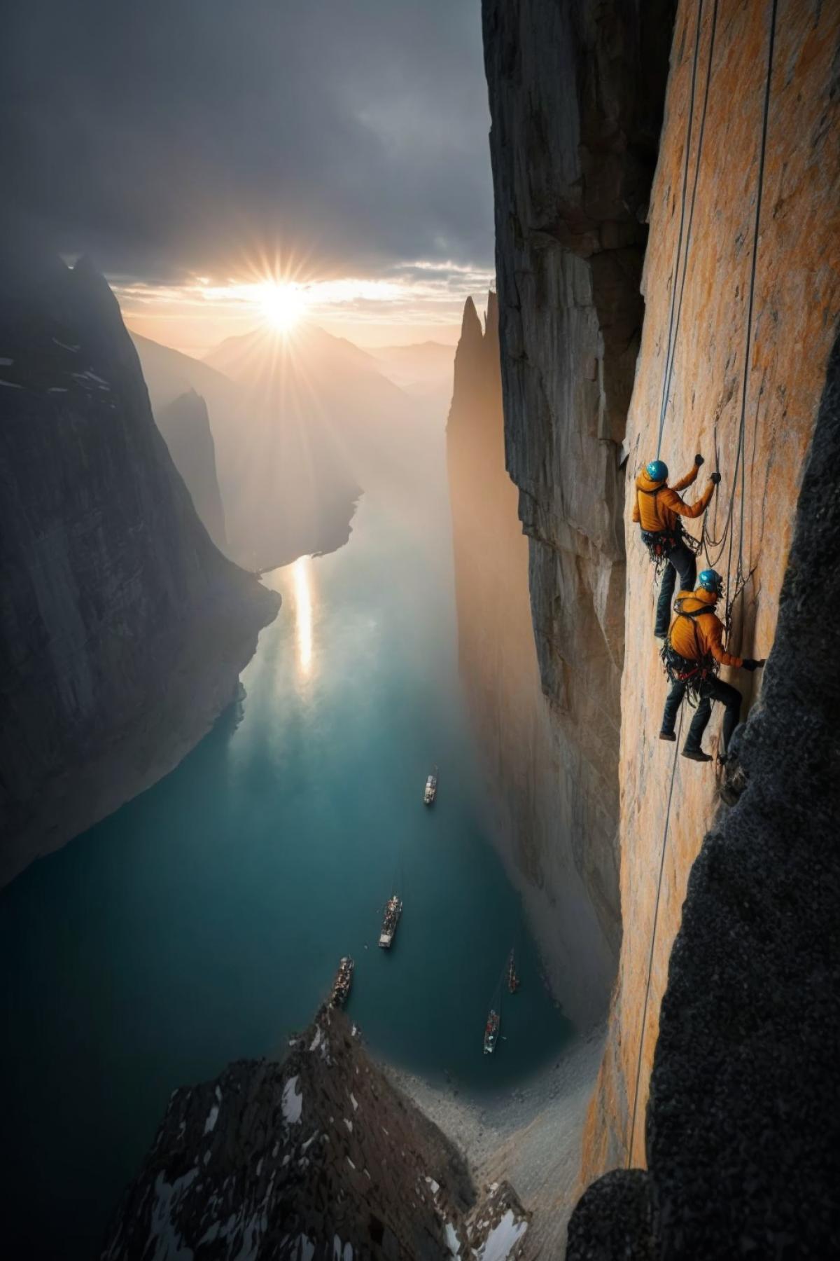 a very dangerous climbers ascent along a steep cliff against the backdrop of sunset, professional photo from a quadcopter