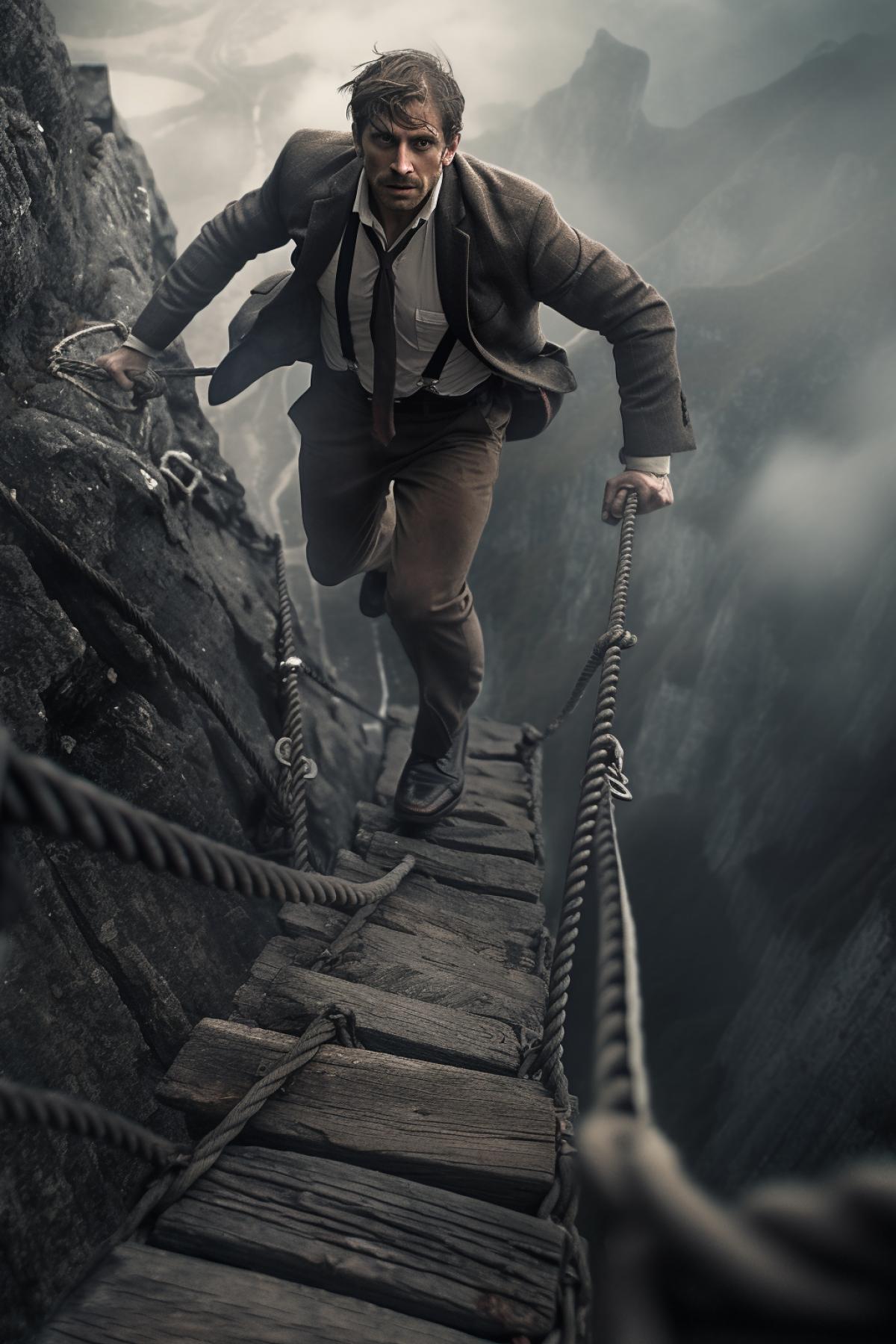 Climber, Mafia, in the style of director Guy Ritchie, chase. cinema, photography
