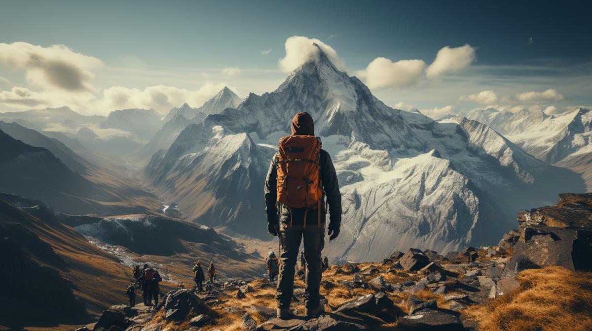 FPS shot a hand is holding a Ice axe in front of Snowy mountain, in the style of 3d game, Realistic graphics, Mount Everest, dynamic and action-packed, contrasting shadows