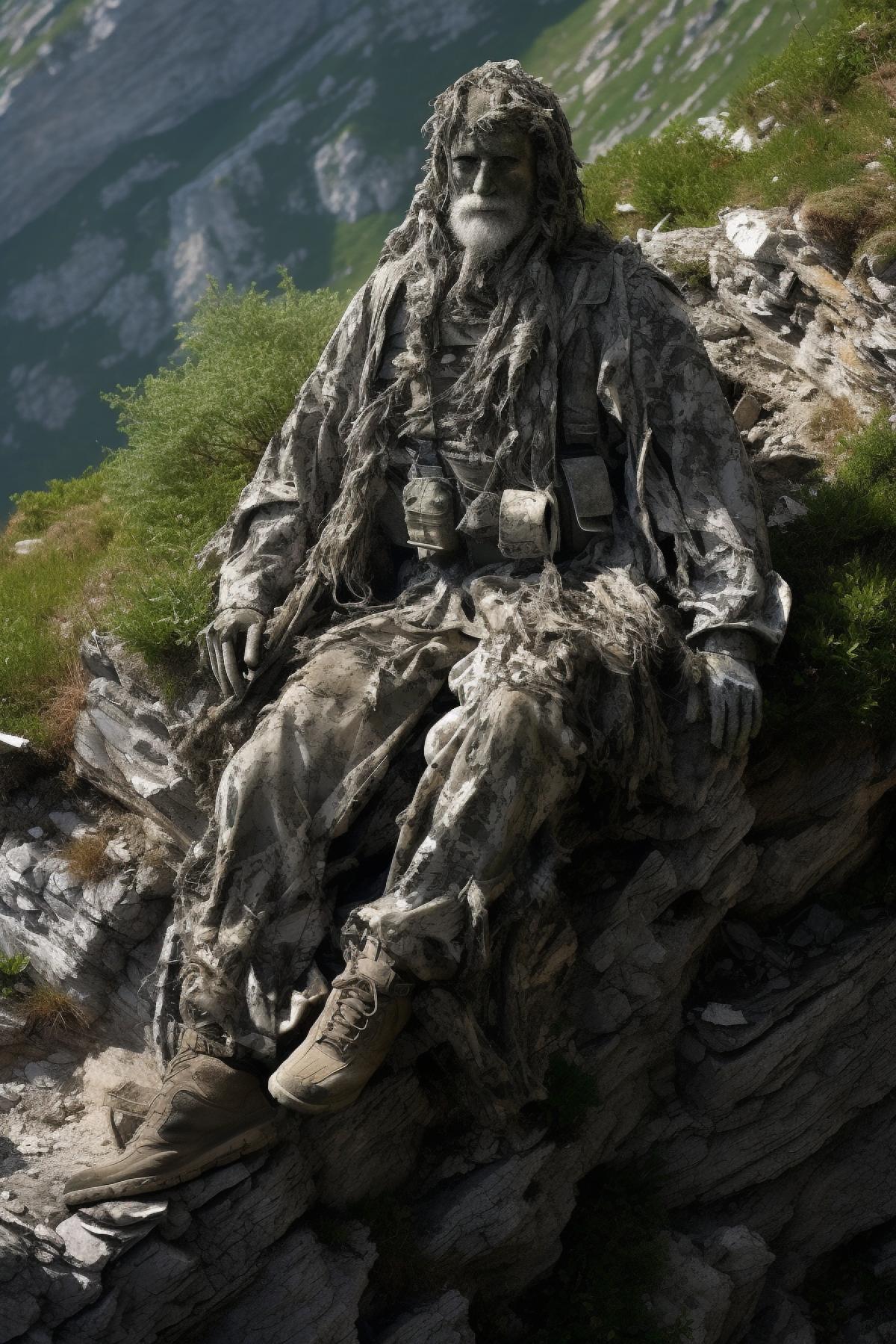 A member of the Alpini military mountain special unit camouflaged himself in high cliffs