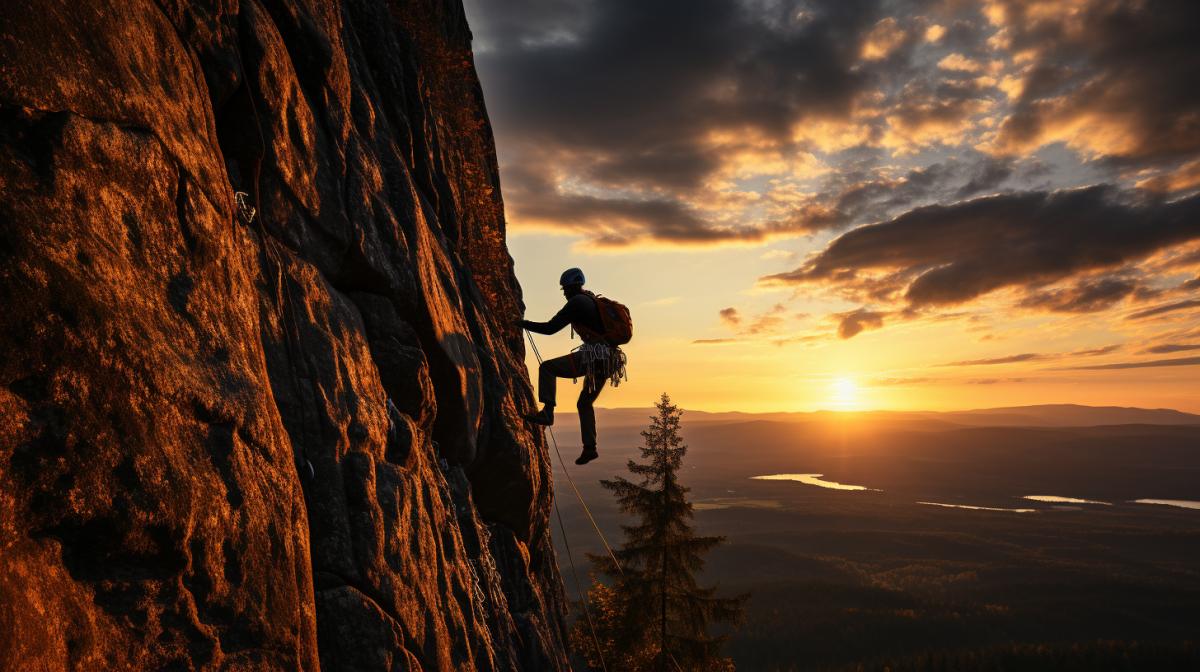 Silhouette of a climber climbing a steep cliff, rays of morning sun, orange and dark color scheme, dynamic com4k, Scene in action, professional photography