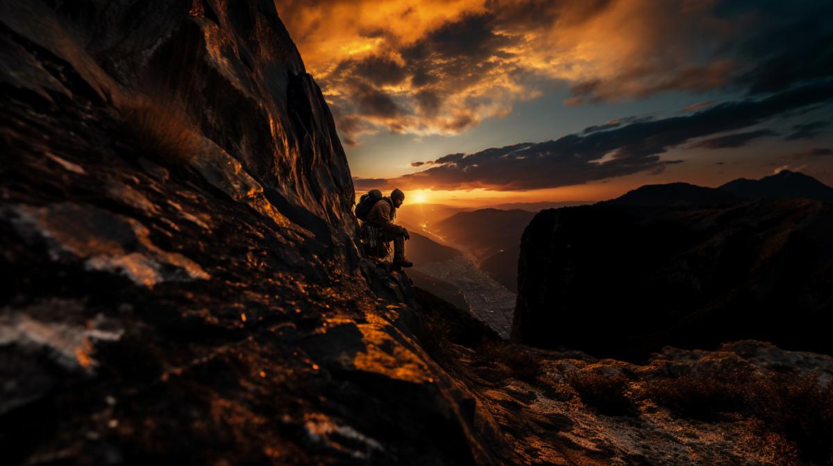Silhouette of a climber climbing a steep cliff, rays of morning sun, orange and dark color scheme, dynamic com4k, professional photography