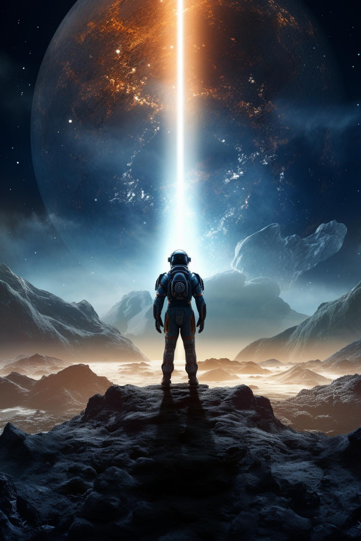 An astronaut in a futuristic spacesuit stands on the lunar surface, surrounded by the desolate, cratered landscape. The Earth hovers in the star-studded, pitch-dark sky. The scene is bathed in soft, ethereal moonlight, creating a sense of tranquility and wonder. High contrast, lunar dust scattering the light, HDR, cinematic, hyper-realistic