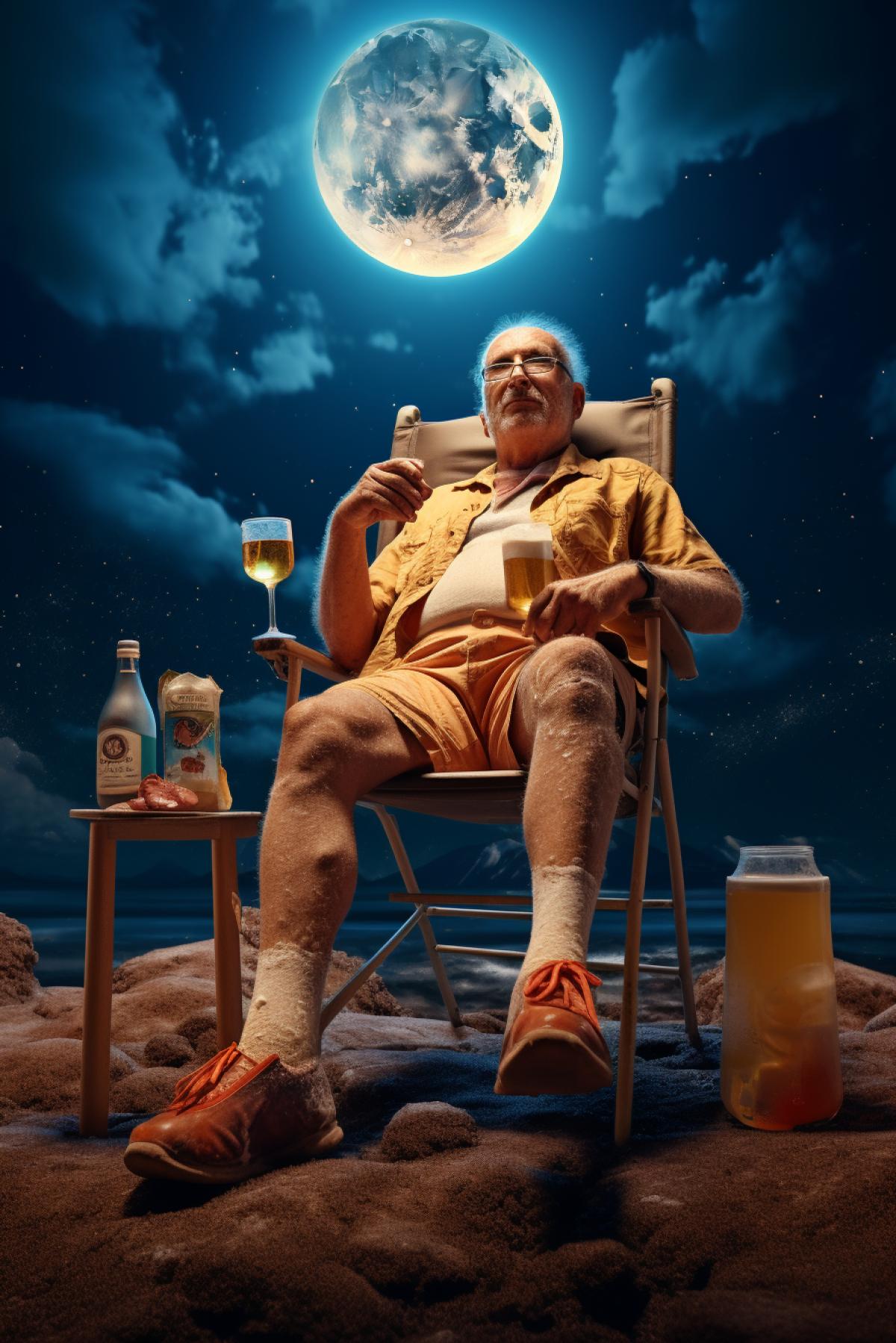 An old man in shorts is sitting with a beer in a chair on the moon. In the background, there is a beautiful planet Earth.