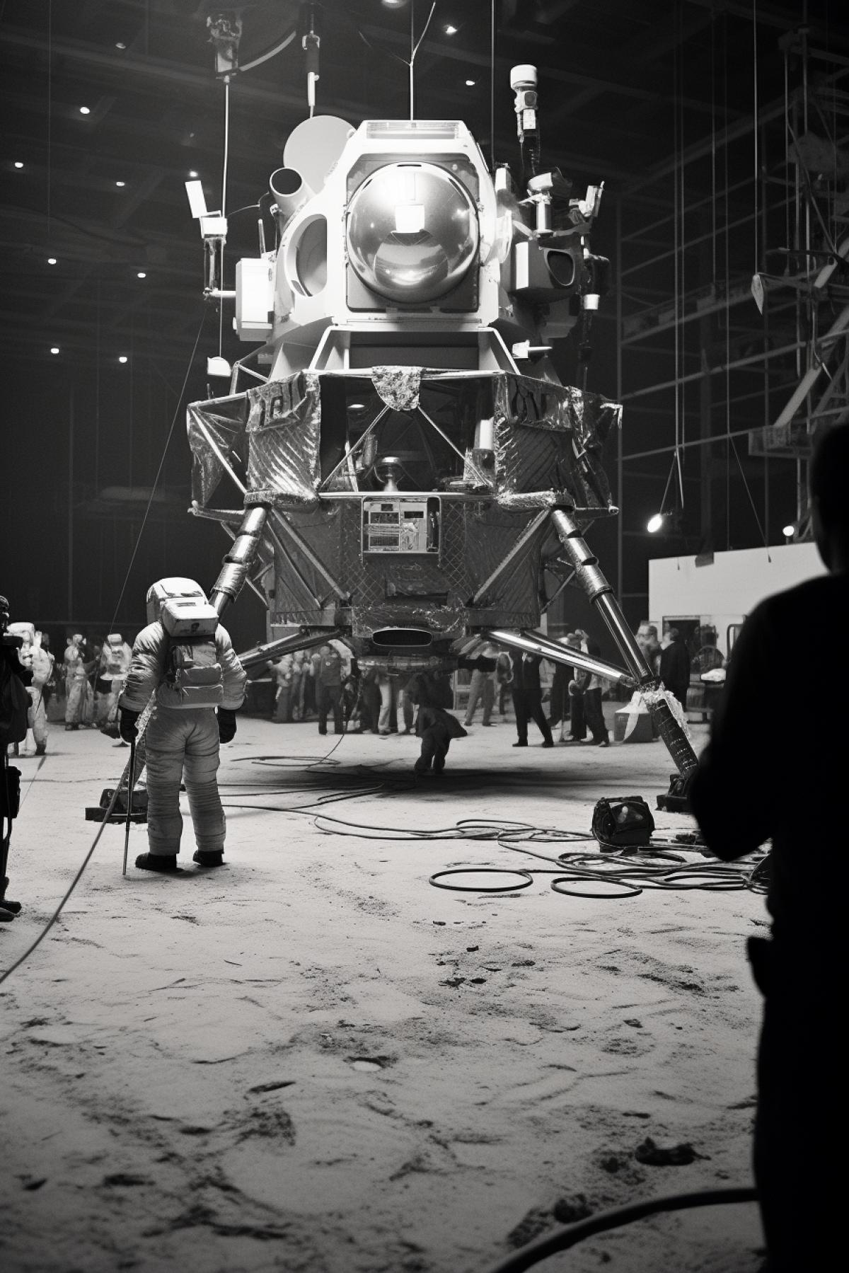 Director Stanley Kubrick films the fake American moon landing, the filming process is viewed from the outside,