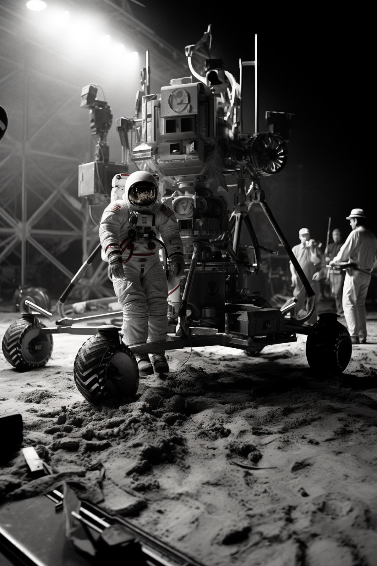 Director Stanley Kubrick films the fake American moon landing, the filming process is viewed from the outside,
