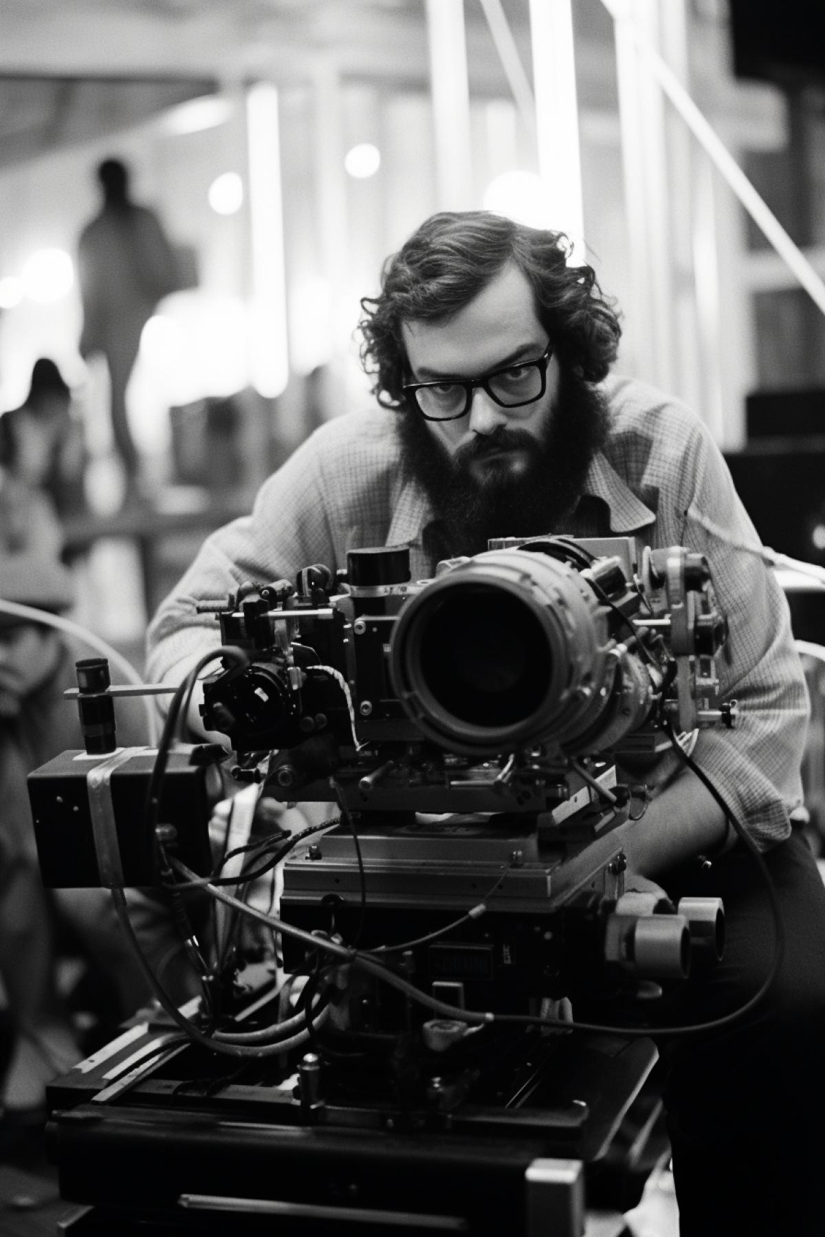 Director Stanley Kubrick films the fake American moon landing, the filming process is viewed from the outside,
