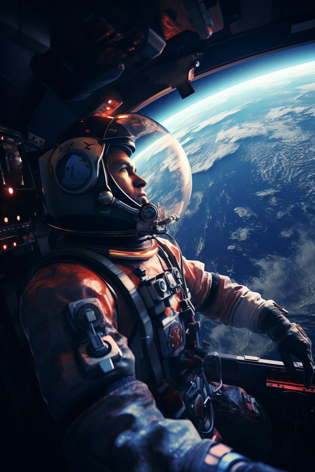 Male astronaut close-up, is on a spaceship, looks out the window, dressed in an astronaut suit, looks at the moon, high quality, good detail, science fiction, cyberpunk, space