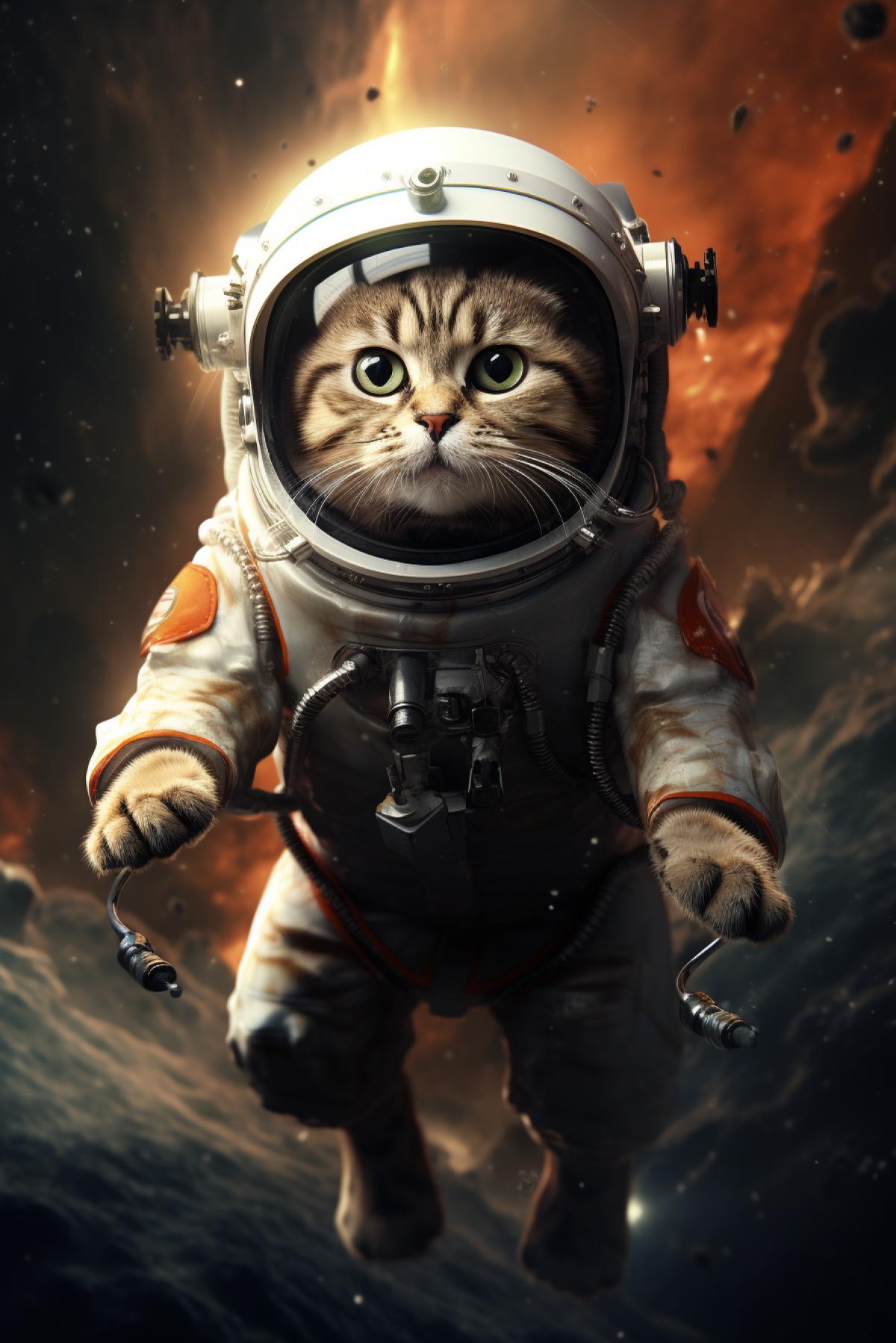 Cat astronaut in full growth, is on the moon, collecting moon rocks, dressed in an astronaut suit, high quality, good detail, science fiction, cyberpunk, space
